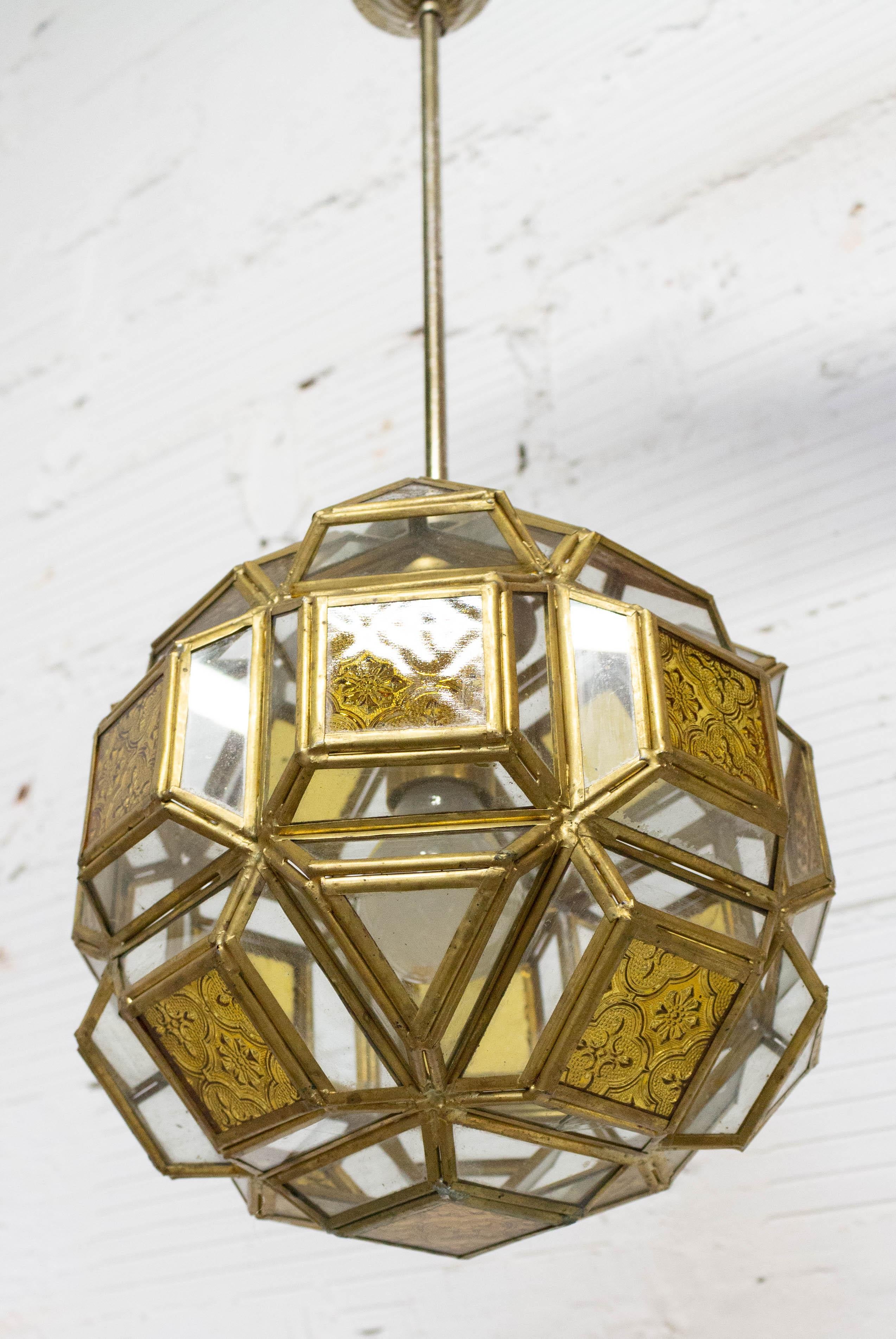 French Orientalist Brass and Glass Pendant Light Chandelier with Facets, c. 1960 For Sale 1