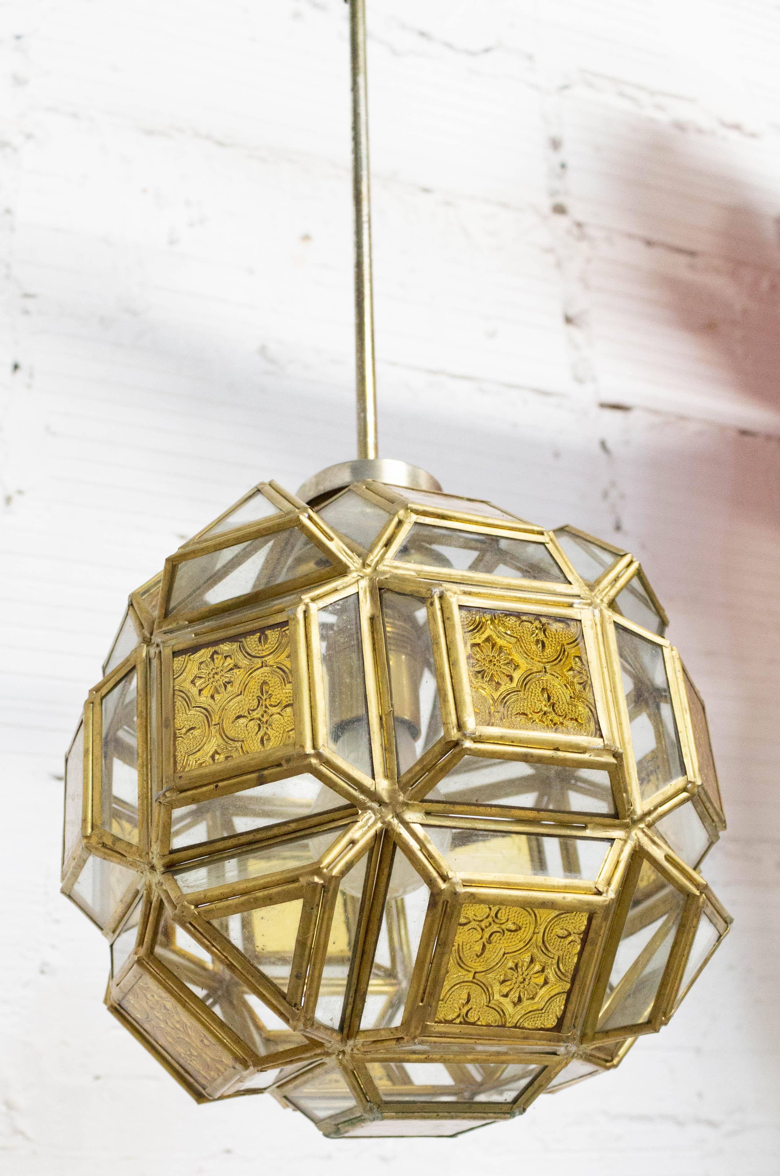 French Orientalist Brass and Glass Pendant Light Chandelier with Facets, c. 1960 For Sale 2