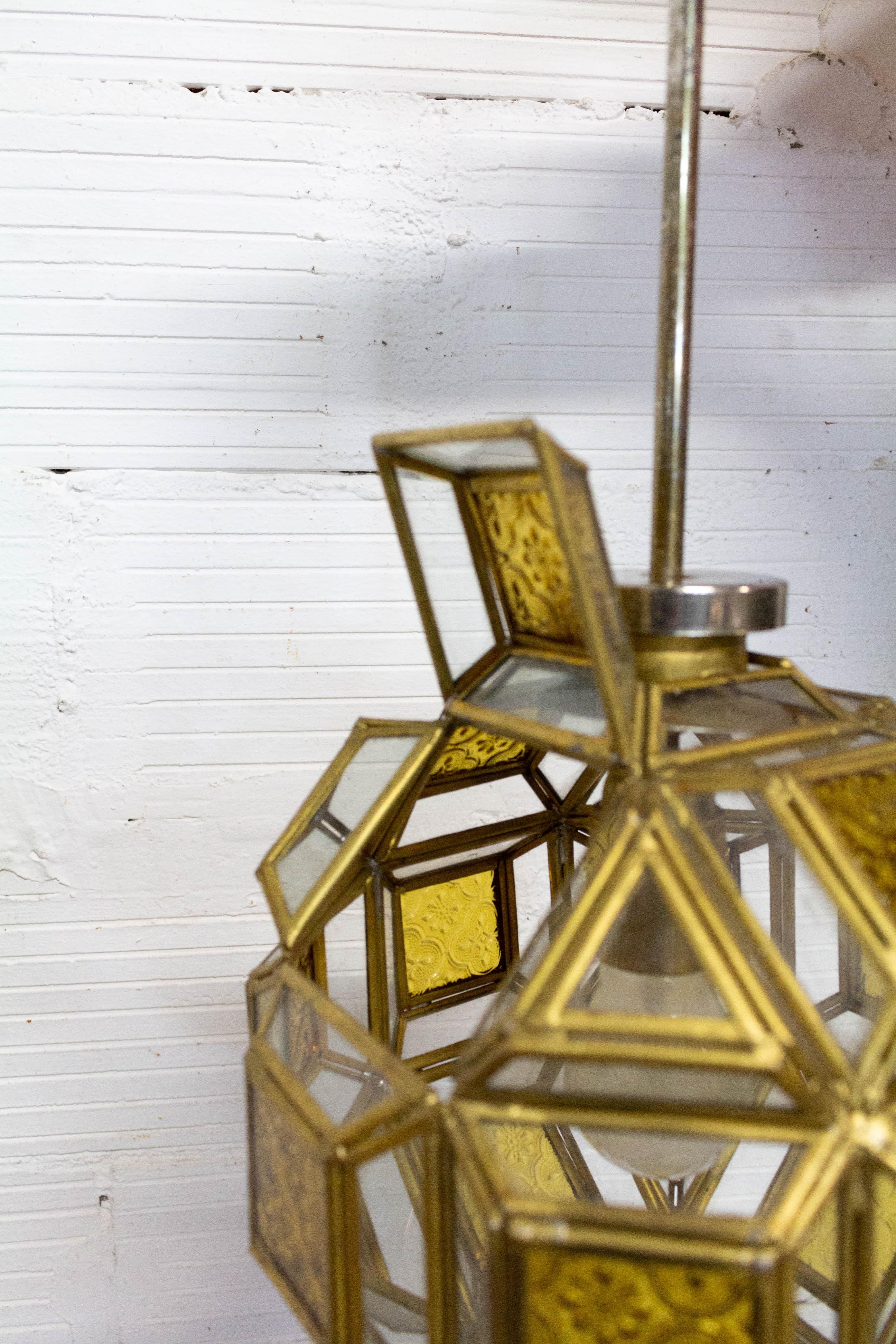 French Orientalist Brass and Glass Pendant Light Chandelier with Facets, c. 1960 For Sale 3