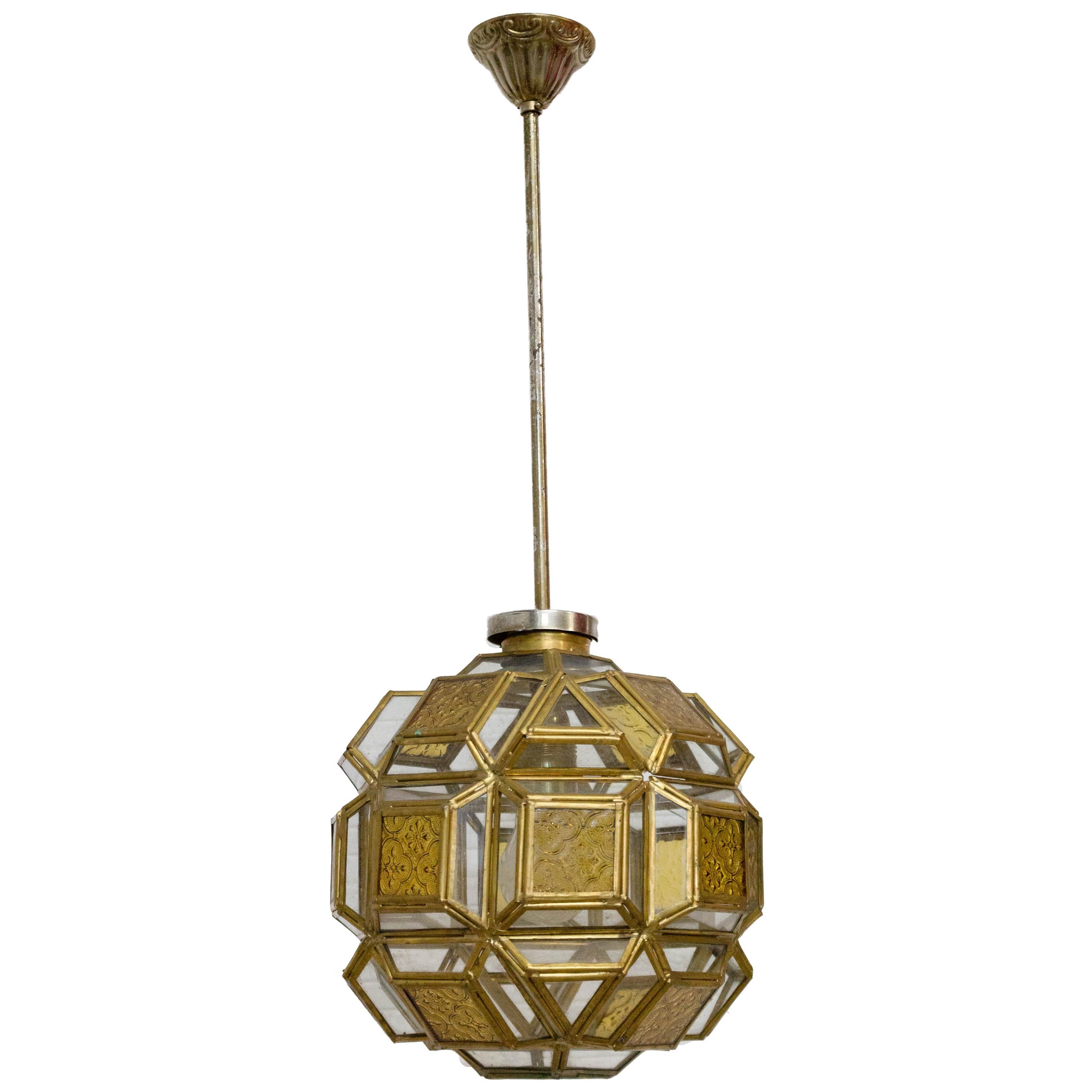 French Orientalist Brass and Glass Pendant Light Chandelier with Facets, c. 1960 For Sale