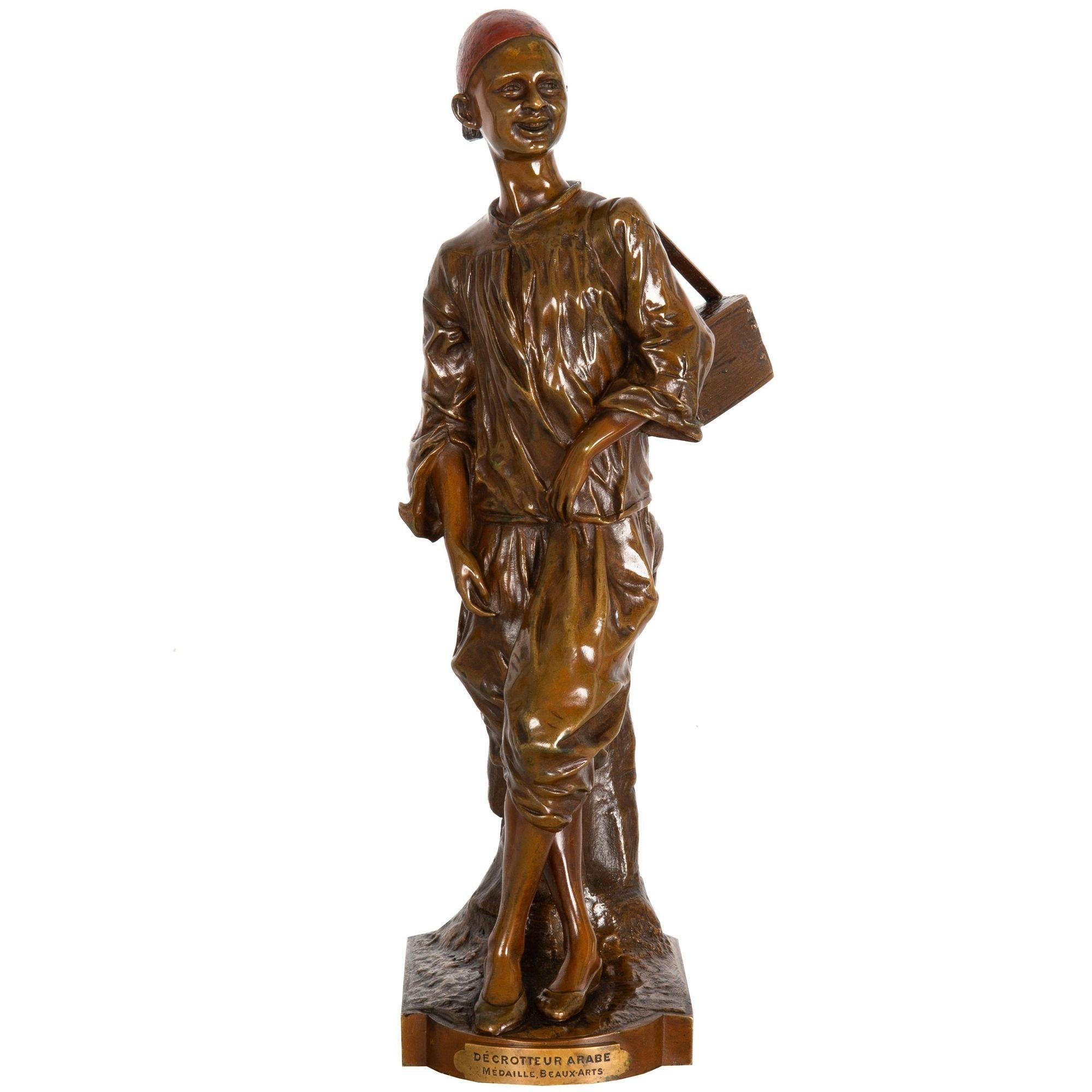Polychromed French Orientalist Bronze Sculpture “Arab Shoeshine” after Edouard Drouot For Sale