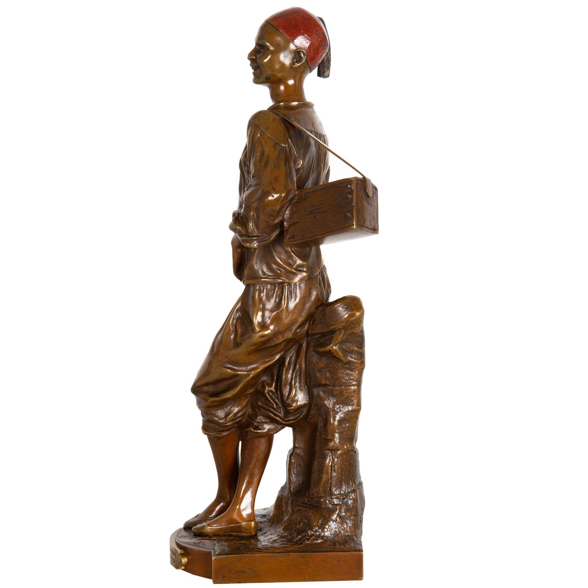 Polychromed French Orientalist Bronze Sculpture “Arab Shoeshine” after Edouard Drouot For Sale