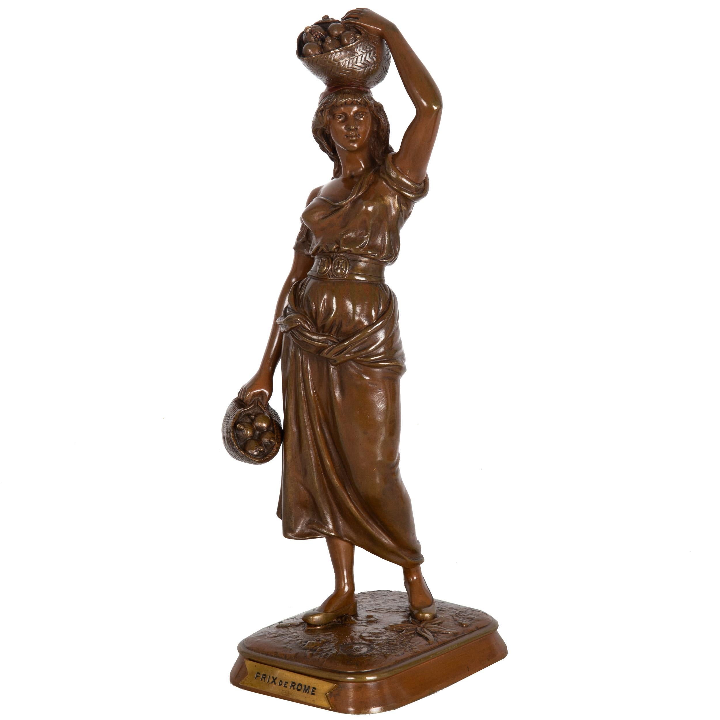 MARCEL DEBUT
French, 1865-1933
French Orientalist Model of a Girl Carrying Fruit Baskets

Polychromed and patinated bronze  signed 