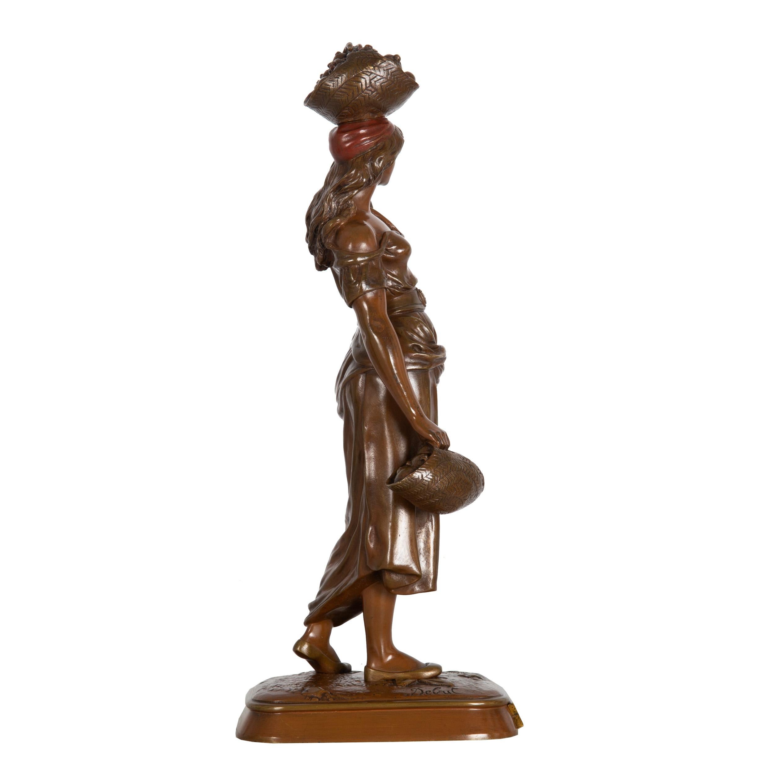 French Orientalist Bronze Sculpture of Woman Carrying Fruit after Marcel Debut In Good Condition For Sale In Shippensburg, PA