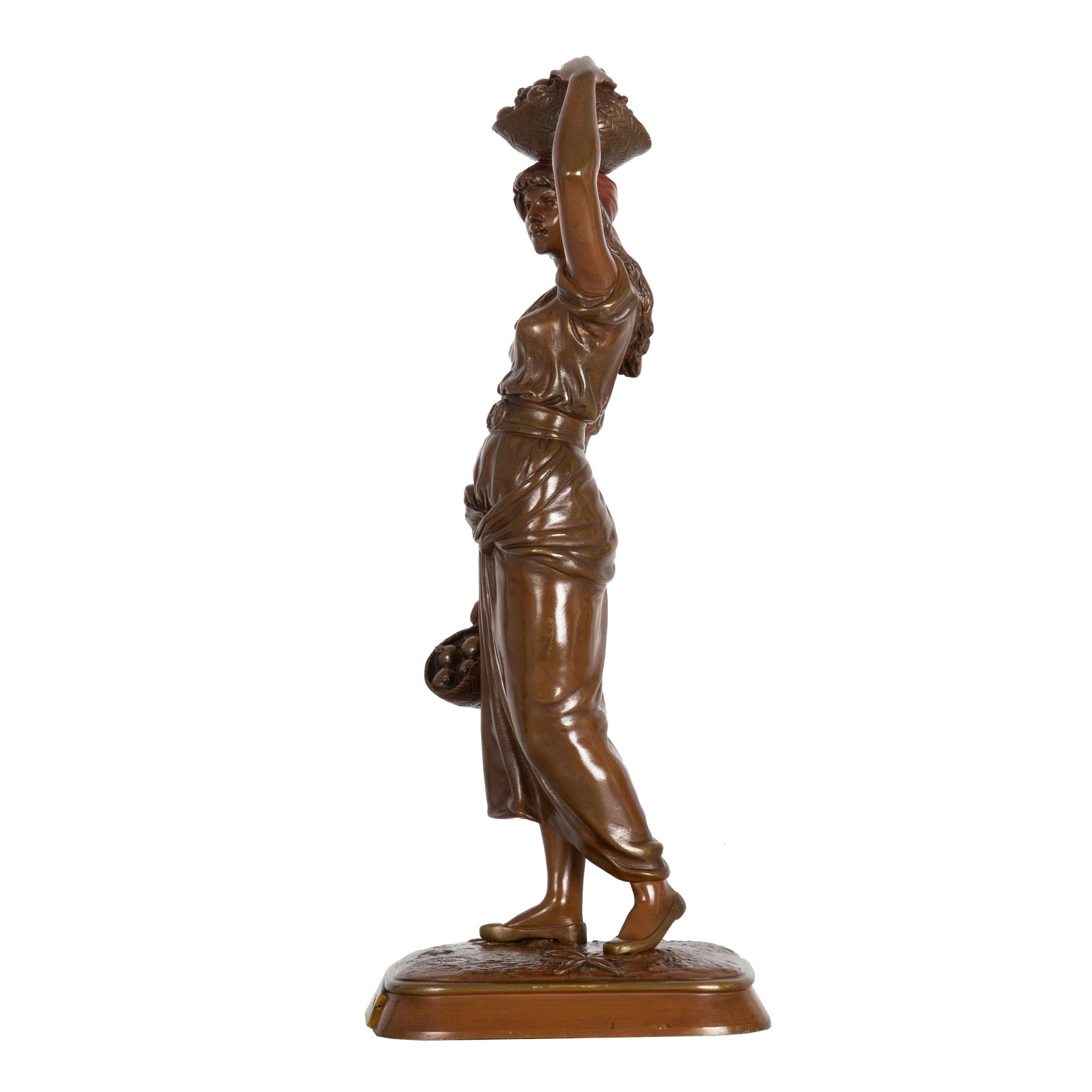 20th Century French Orientalist Bronze Sculpture of Woman Carrying Fruit after Marcel Debut For Sale