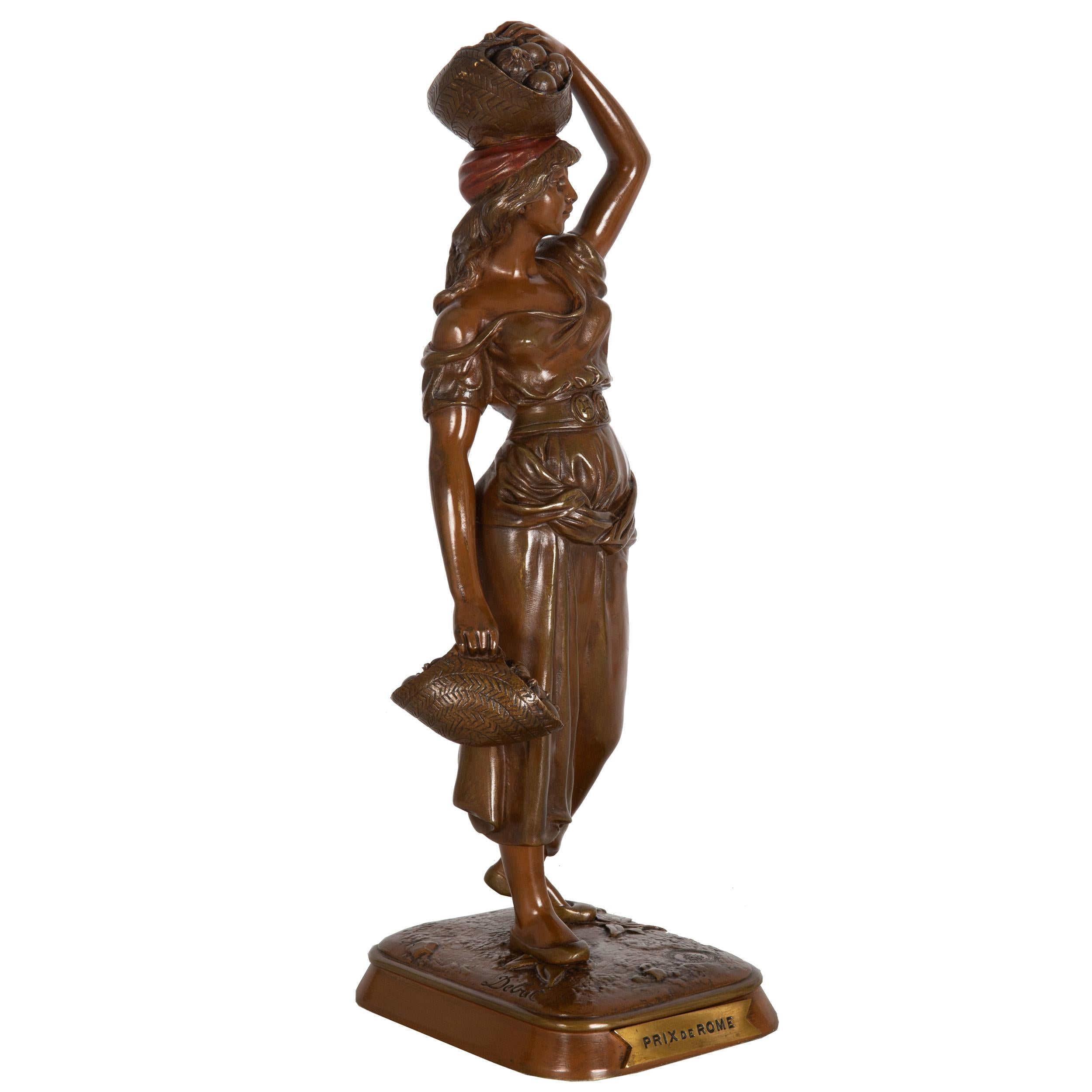 French Orientalist Bronze Sculpture of Woman Carrying Fruit after Marcel Debut For Sale 2