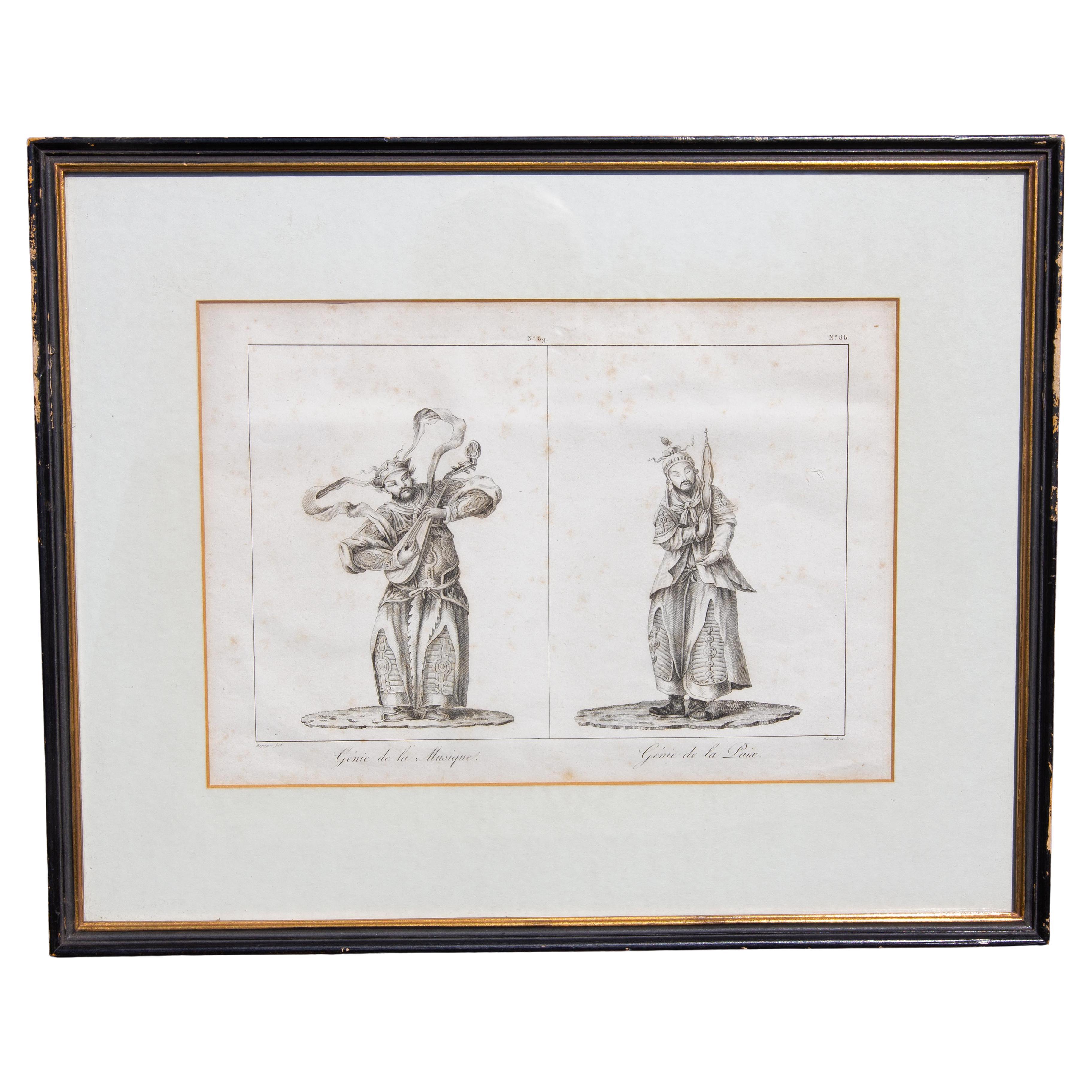 Antiker Kupferstich mit der Darstellung des Genius des Feuers und des Genius des Friedens, gezeichnet von Chrétien Louis de Guignes (1759-1845), Kupferstich von Jacques Eustache Deseve oder De Seve (1790-1830), einem berühmten französischen