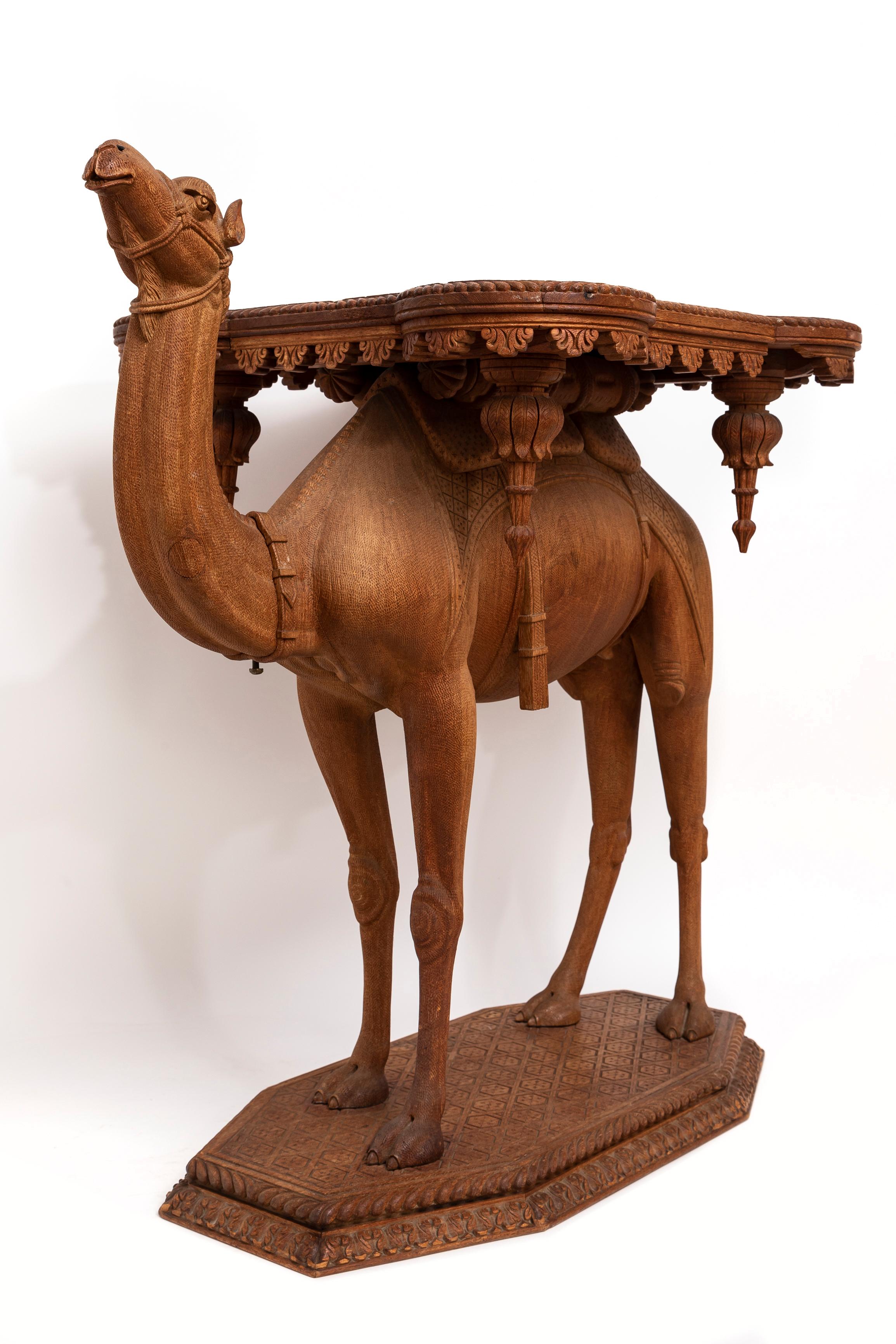 Moorish French Orientalist Hand-Carved Camel Form Table w/ Square Gilt Bronze Top For Sale
