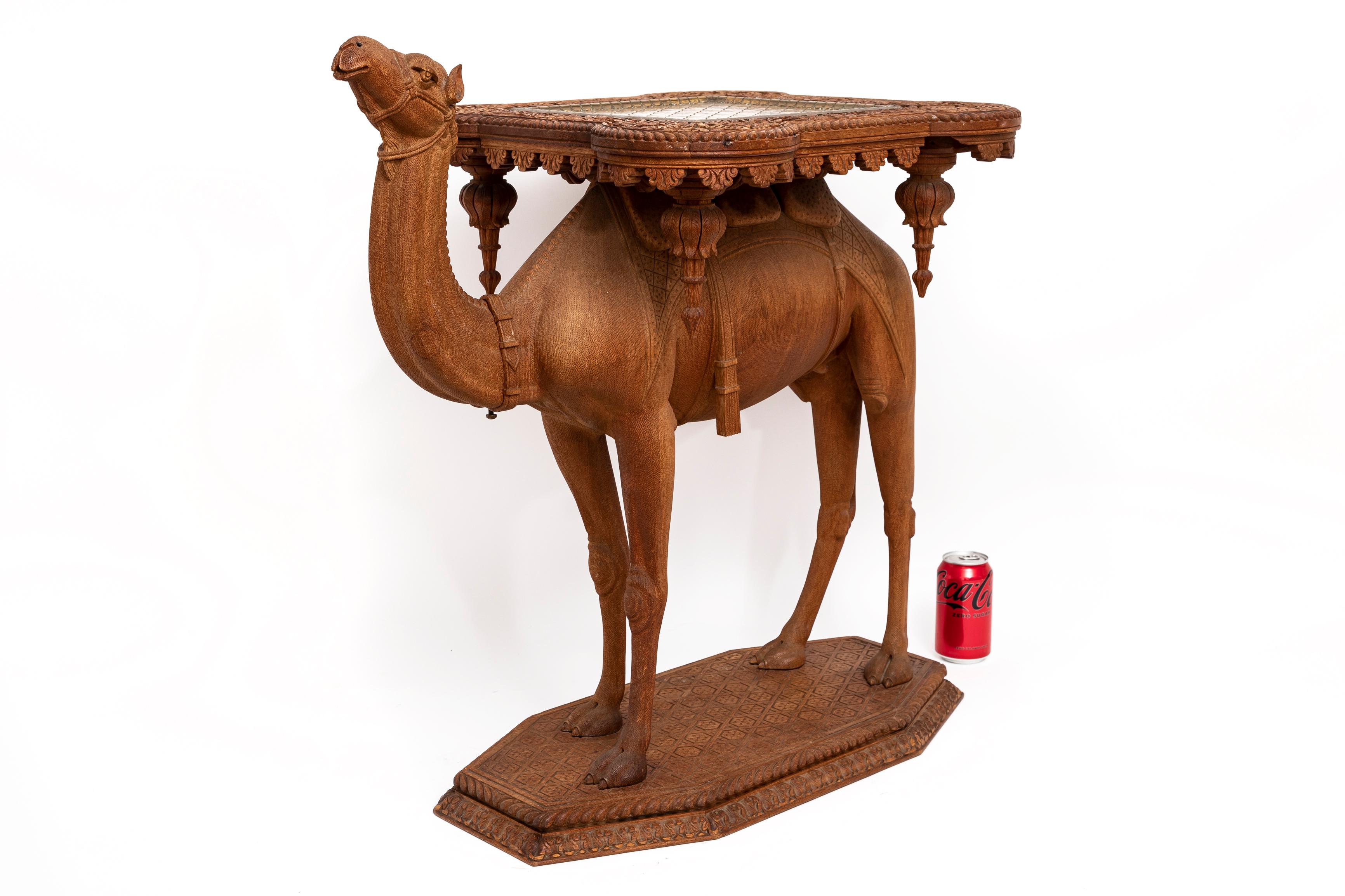 French Orientalist Hand-Carved Camel Form Table w/ Square Gilt Bronze Top In Good Condition For Sale In New York, NY