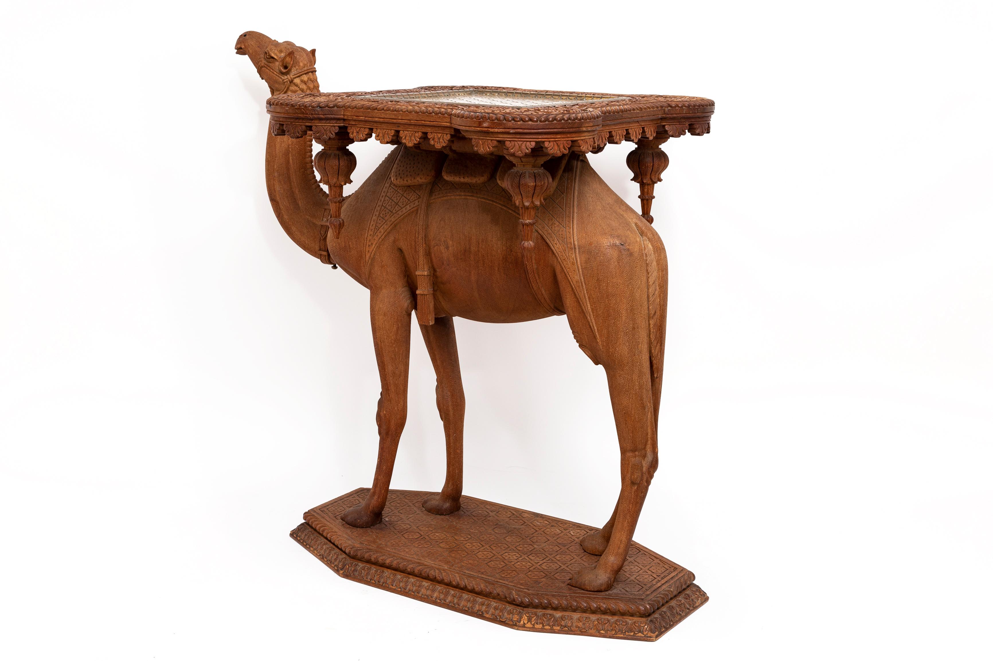 Early 20th Century French Orientalist Hand-Carved Camel Form Table w/ Square Gilt Bronze Top For Sale