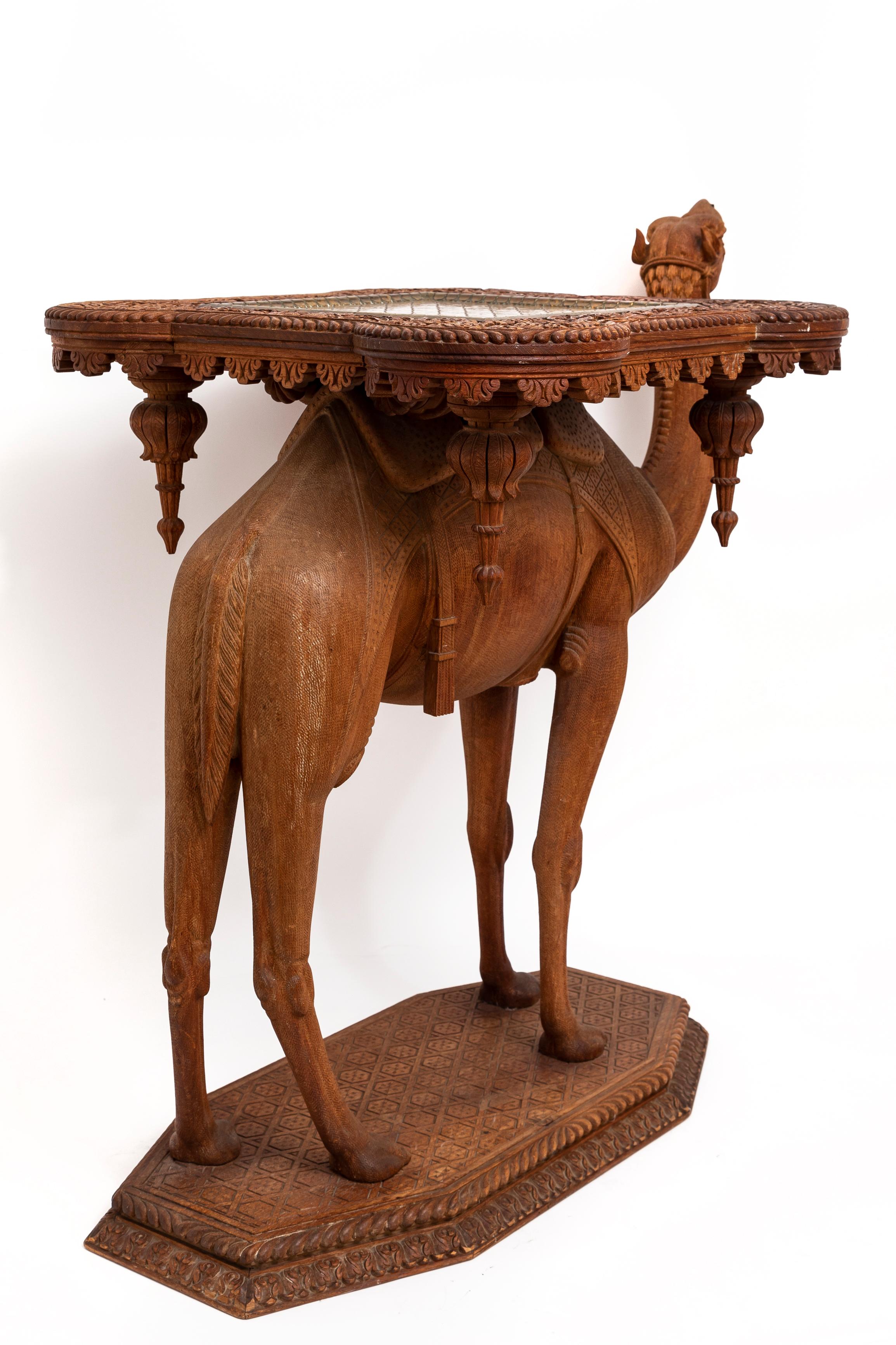 French Orientalist Hand-Carved Camel Form Table w/ Square Gilt Bronze Top For Sale 1