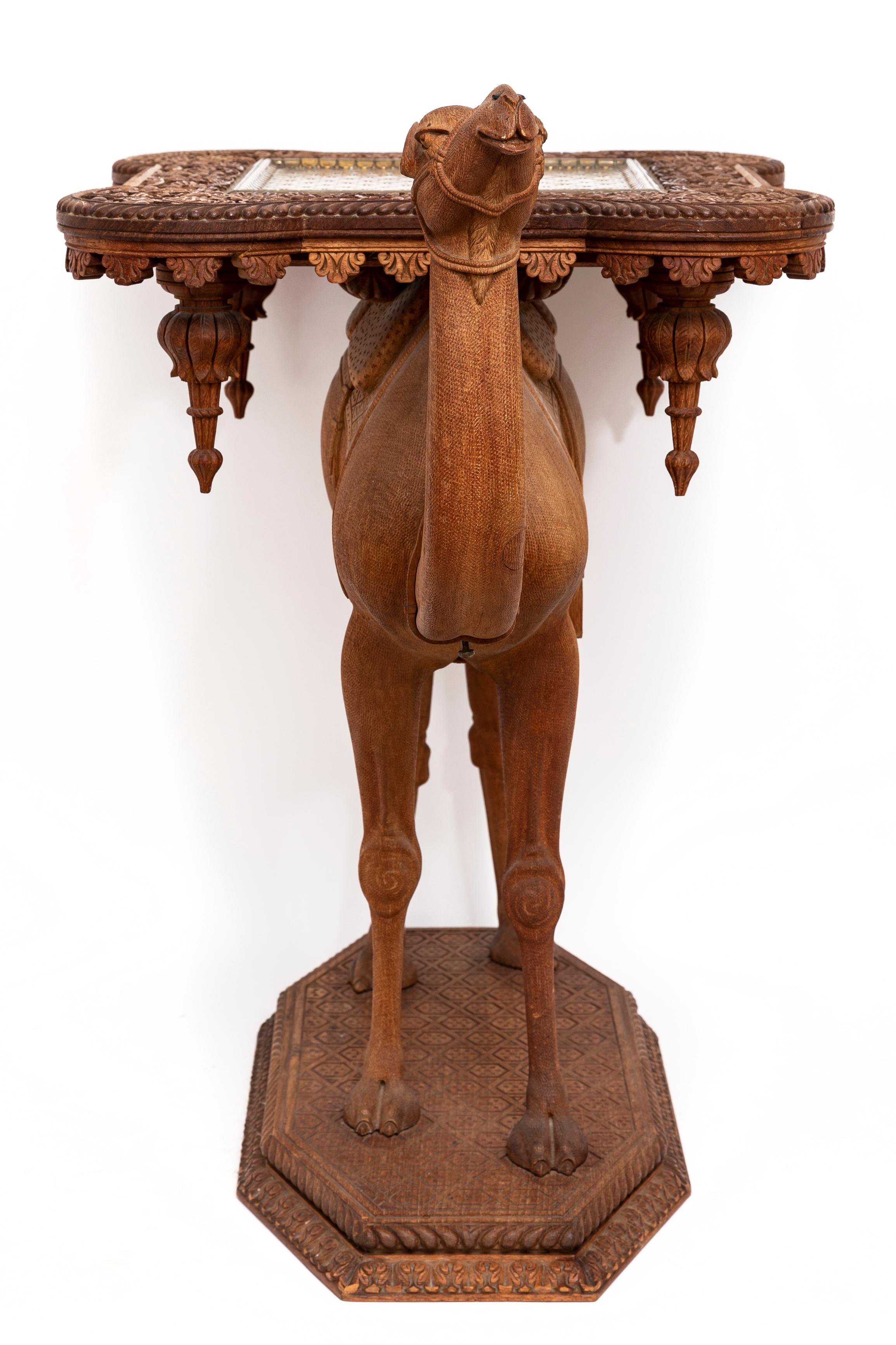 French Orientalist Hand-Carved Camel Form Table w/ Square Gilt Bronze Top For Sale 3