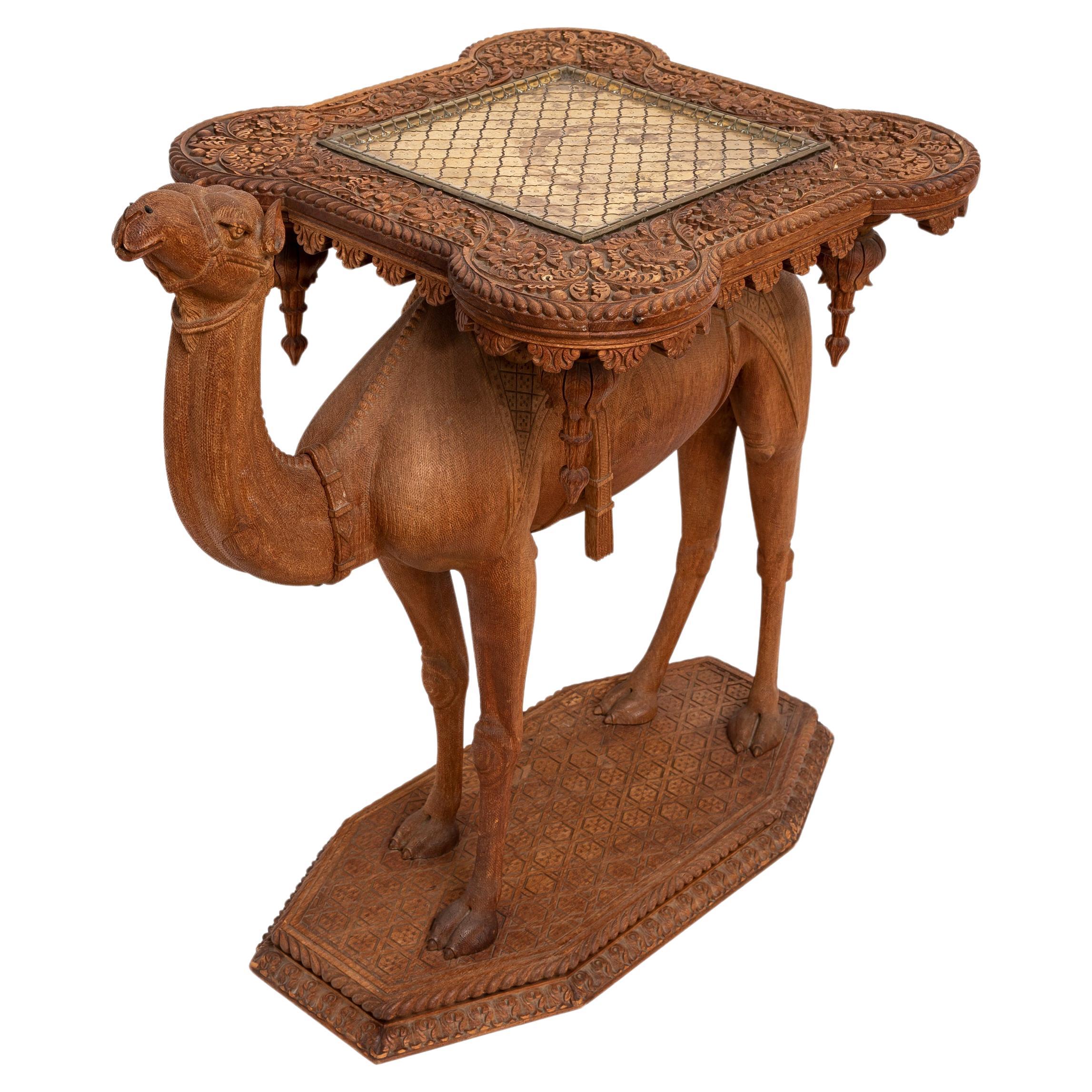 French Orientalist Hand-Carved Camel Form Table w/ Square Gilt Bronze Top For Sale