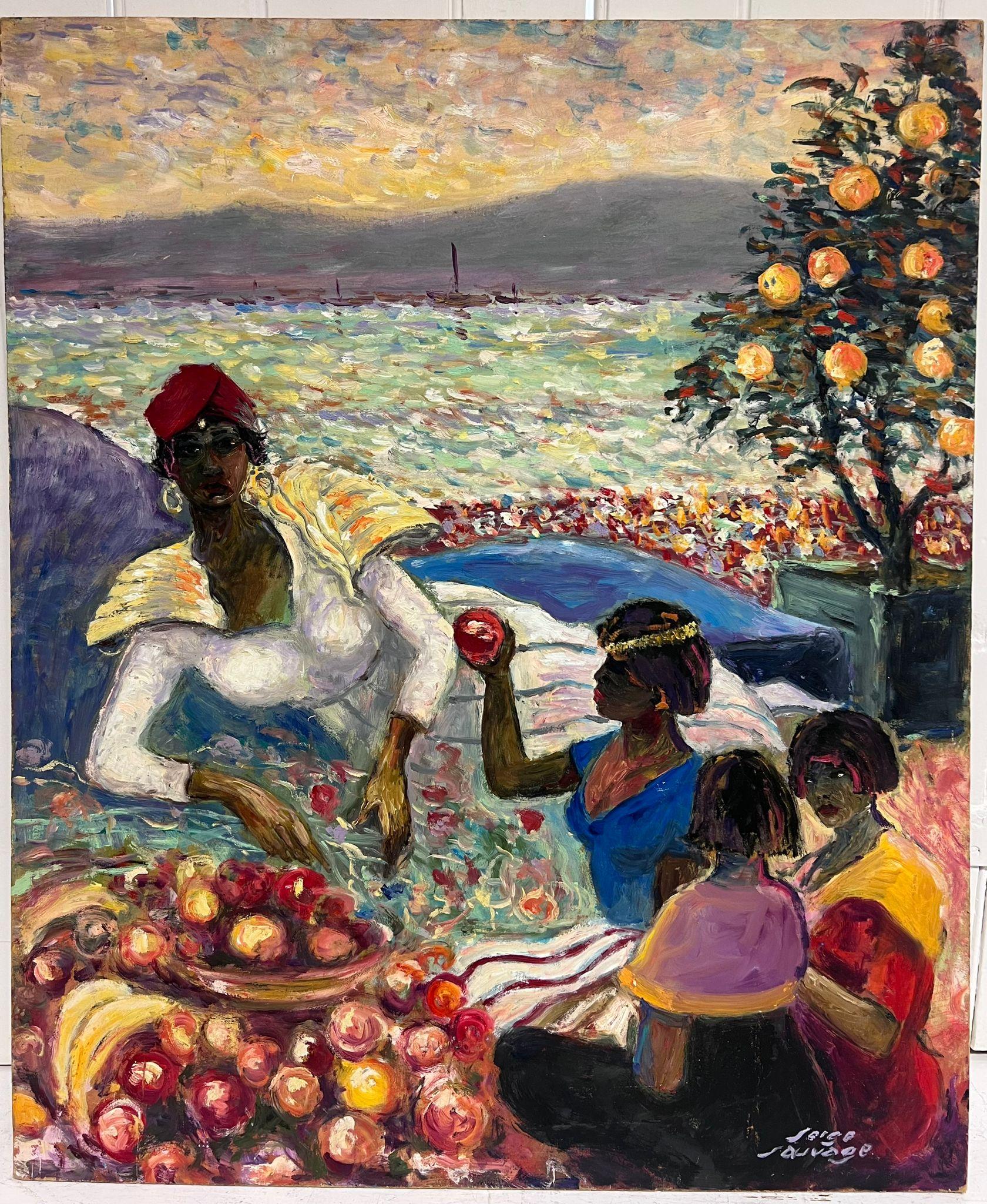 Mediados del siglo XX Figura al óleo firmada por un modernista francés Banquete de cosecha de manzanas 1