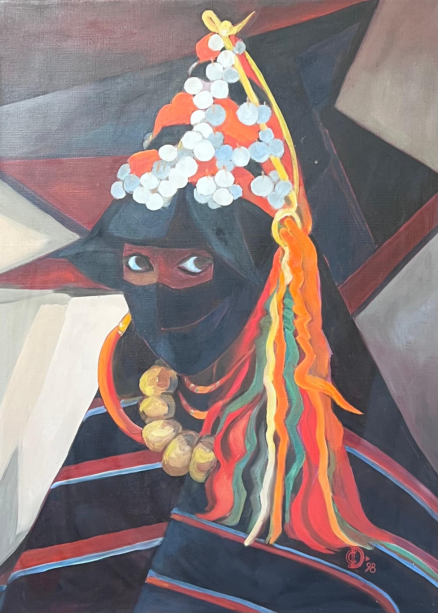 Ritratto di donna nordafricana tradizionale con copricapo, firmato, grande pittura a olio - Painting di French Orientalist 