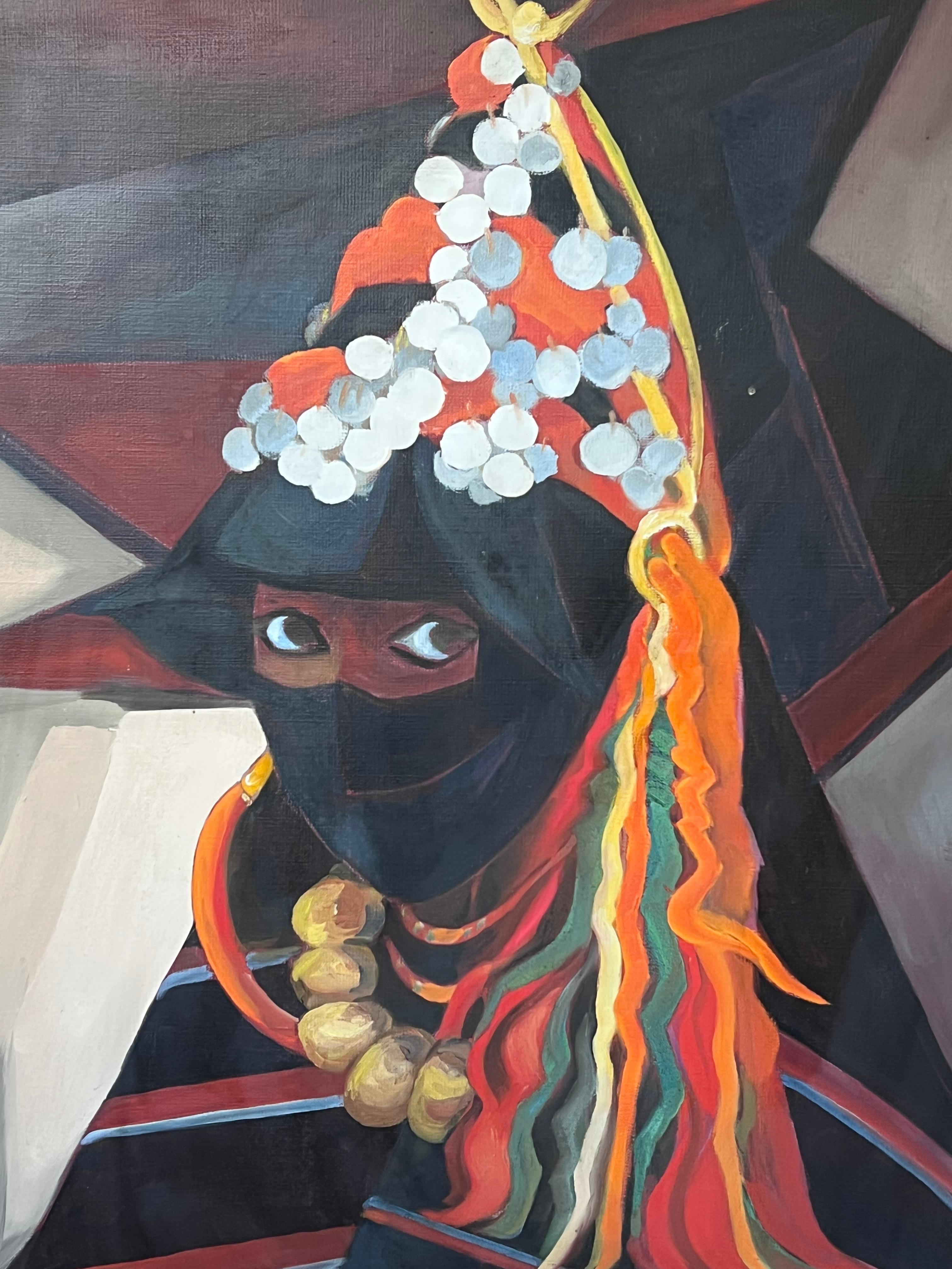 Ritratto di donna nordafricana tradizionale con copricapo, firmato, grande pittura a olio - Painting Moderno di French Orientalist 