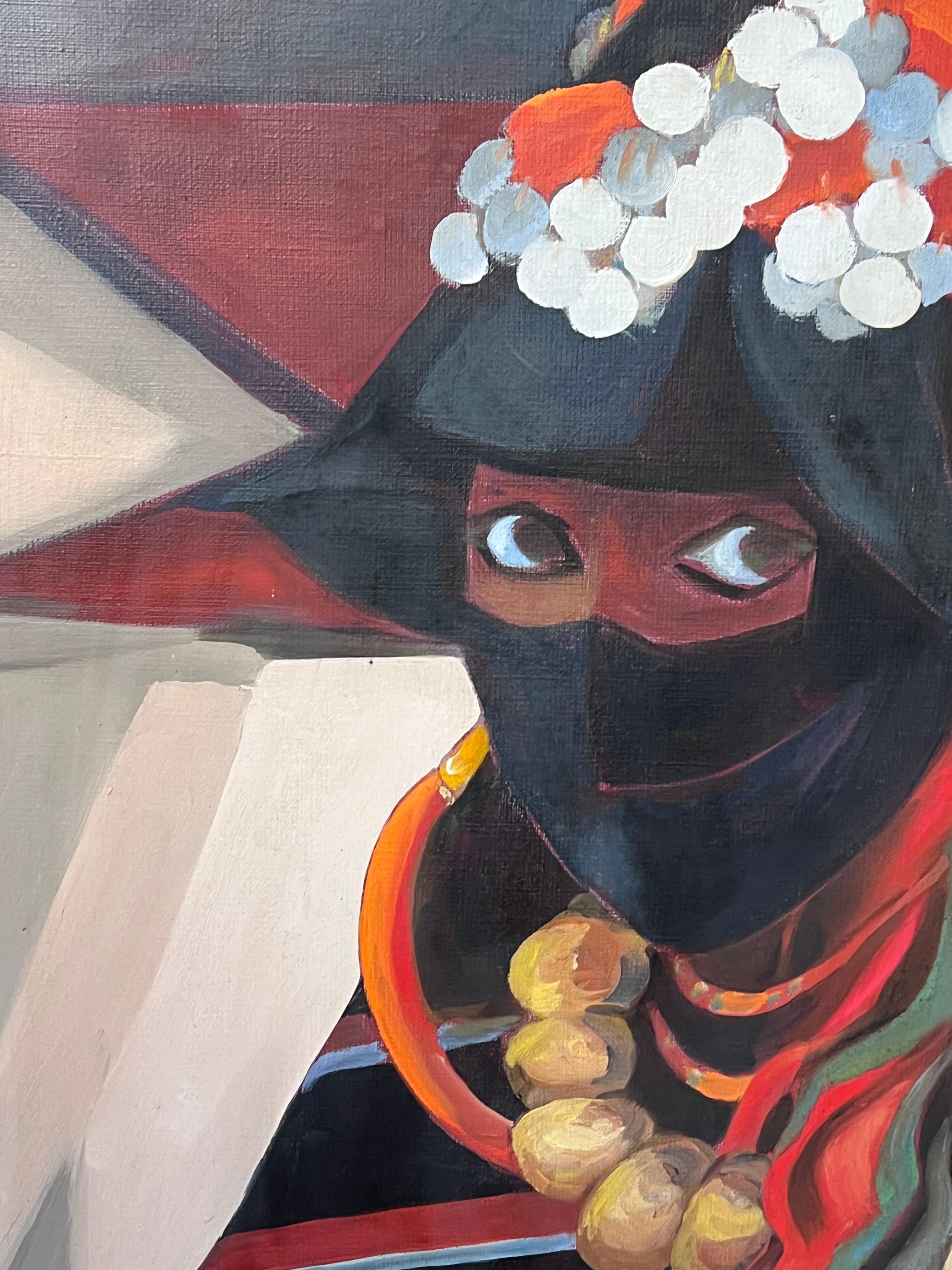 Ritratto di donna nordafricana tradizionale con copricapo, firmato, grande pittura a olio in vendita 4