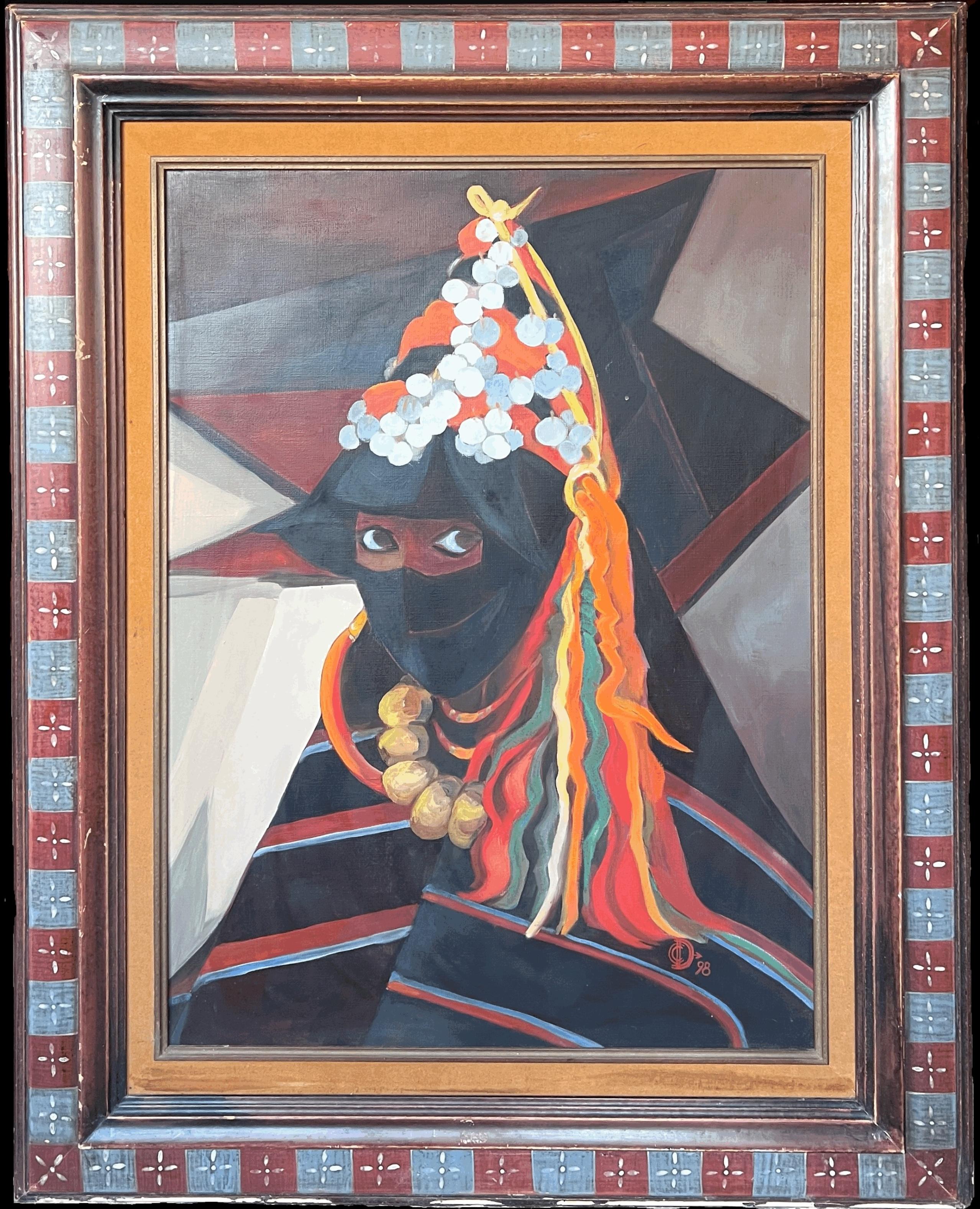 Portrait Painting di French Orientalist  - Ritratto di donna nordafricana tradizionale con copricapo, firmato, grande pittura a olio