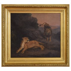 French Orientalist School Oil on Canvas, Lioness and Lion, J. Capeyron, 19thc. French Orientalist School Oil on Canvas, Lioness and Lion, J. Capeyron, 19thc.