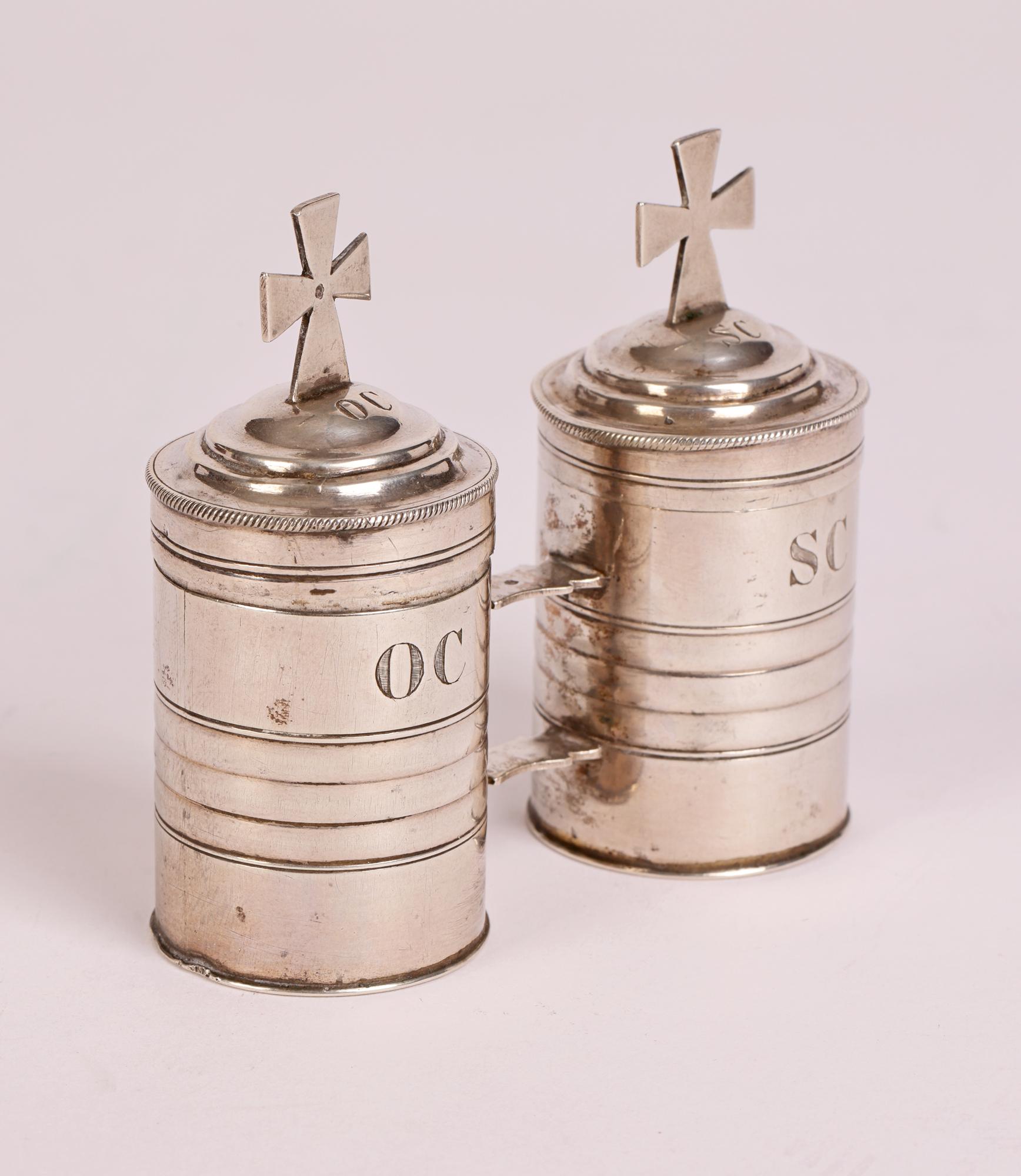French Original Cased Pair Silver Baptismal Oil Containers For Sale 4