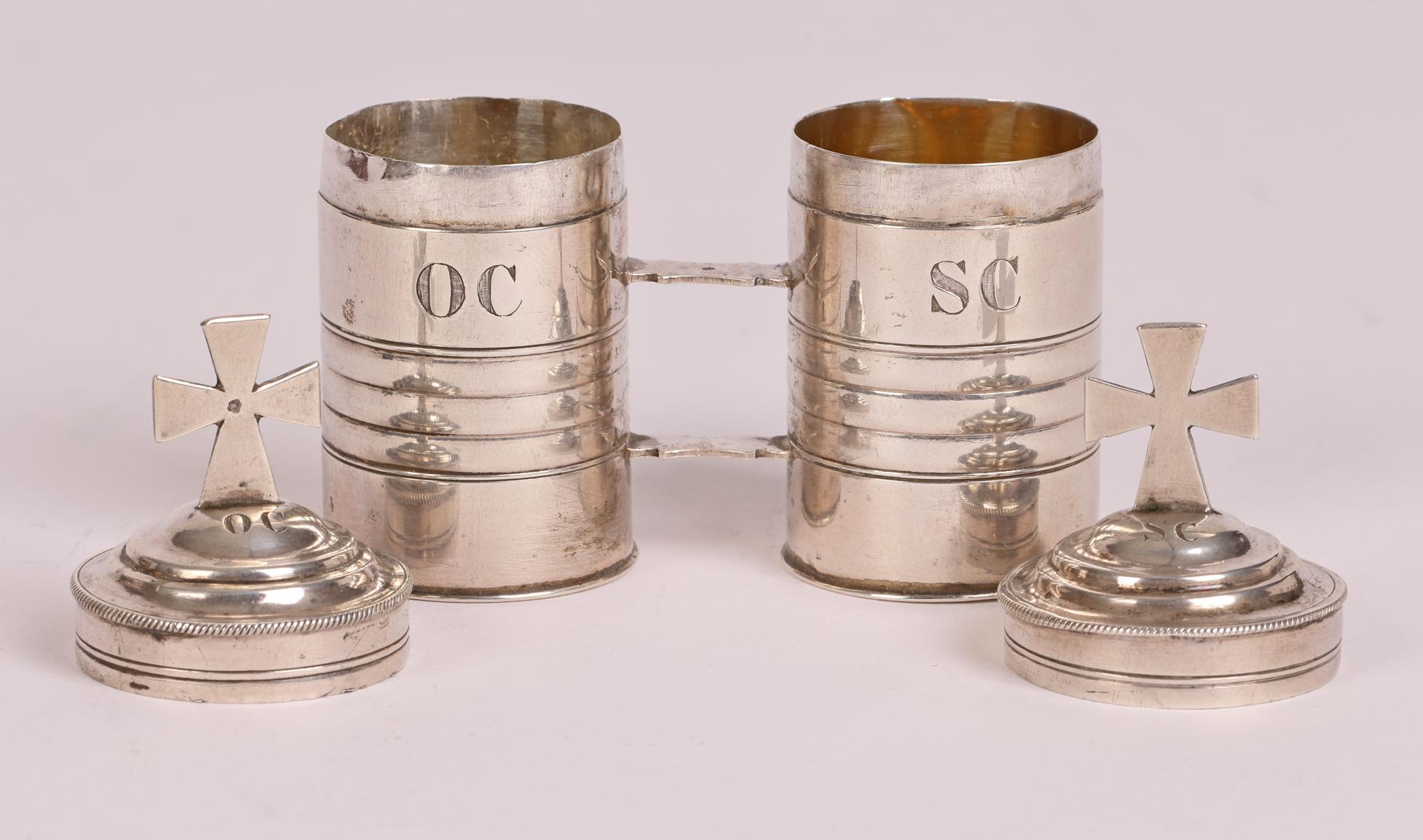 French Original Cased Pair Silver Baptismal Oil Containers For Sale 3