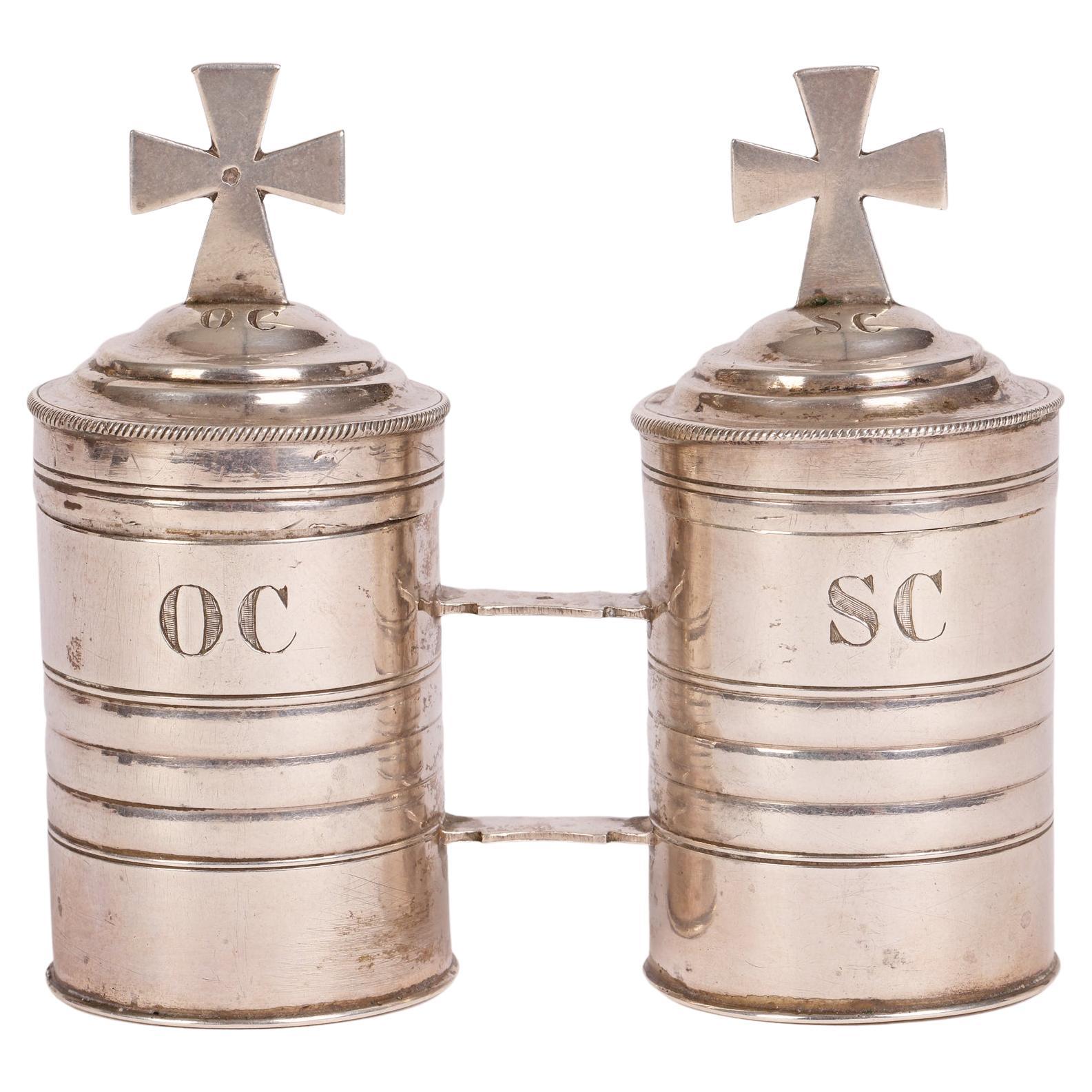 French Original Cased Pair Silver Baptismal Oil Containers For Sale