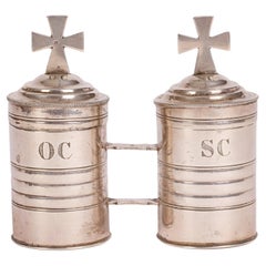 Antique French Original Cased Pair Silver Baptismal Oil Containers