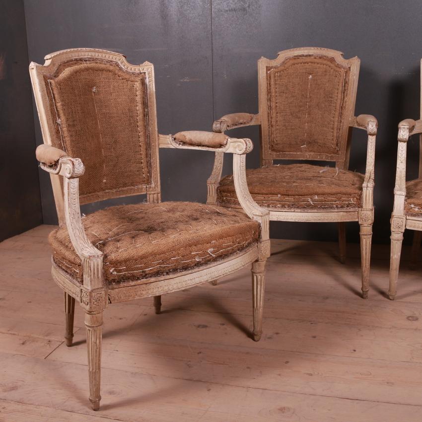 Good set of four original painted 18th century French salon chairs, 1780.

Seat height 16.5 inches.

Dimensions:
23 inches (58 cms) wide
19 inches (48 cms) deep
35 inches (89 cms) high.