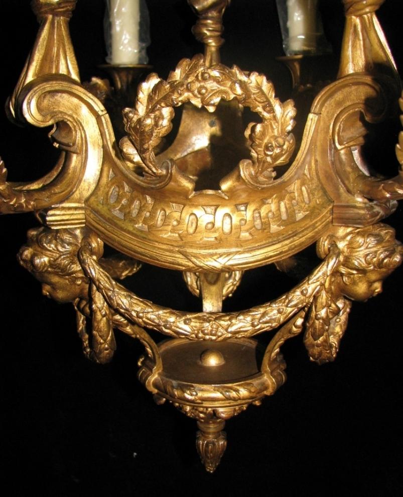 19th Century French Ormolu 6 Light Chandelier With Faces, 19 Century For Sale