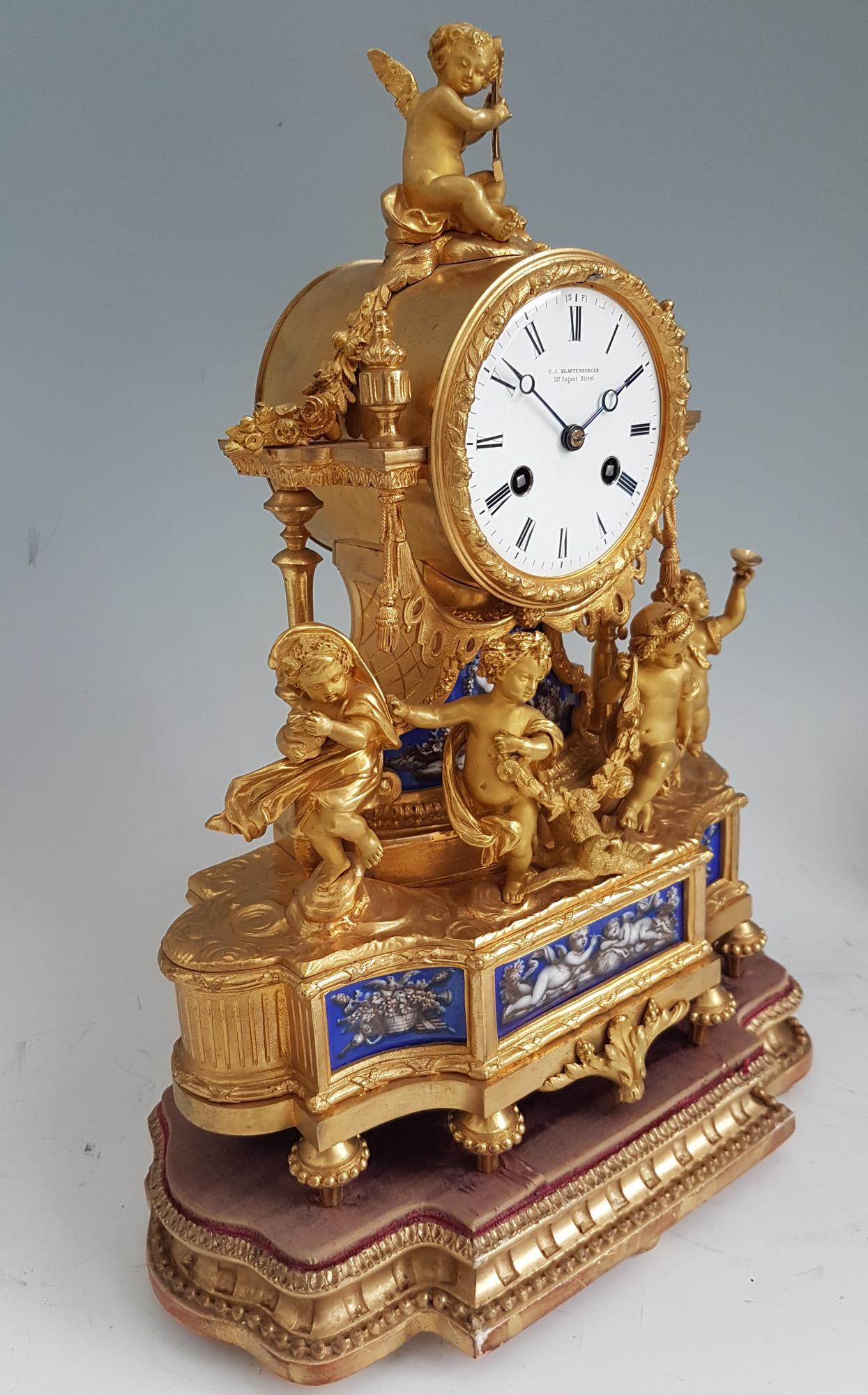 Napoleon III French Ormolu and Blue Porcelain Four Seasons Mantel Clock For Sale