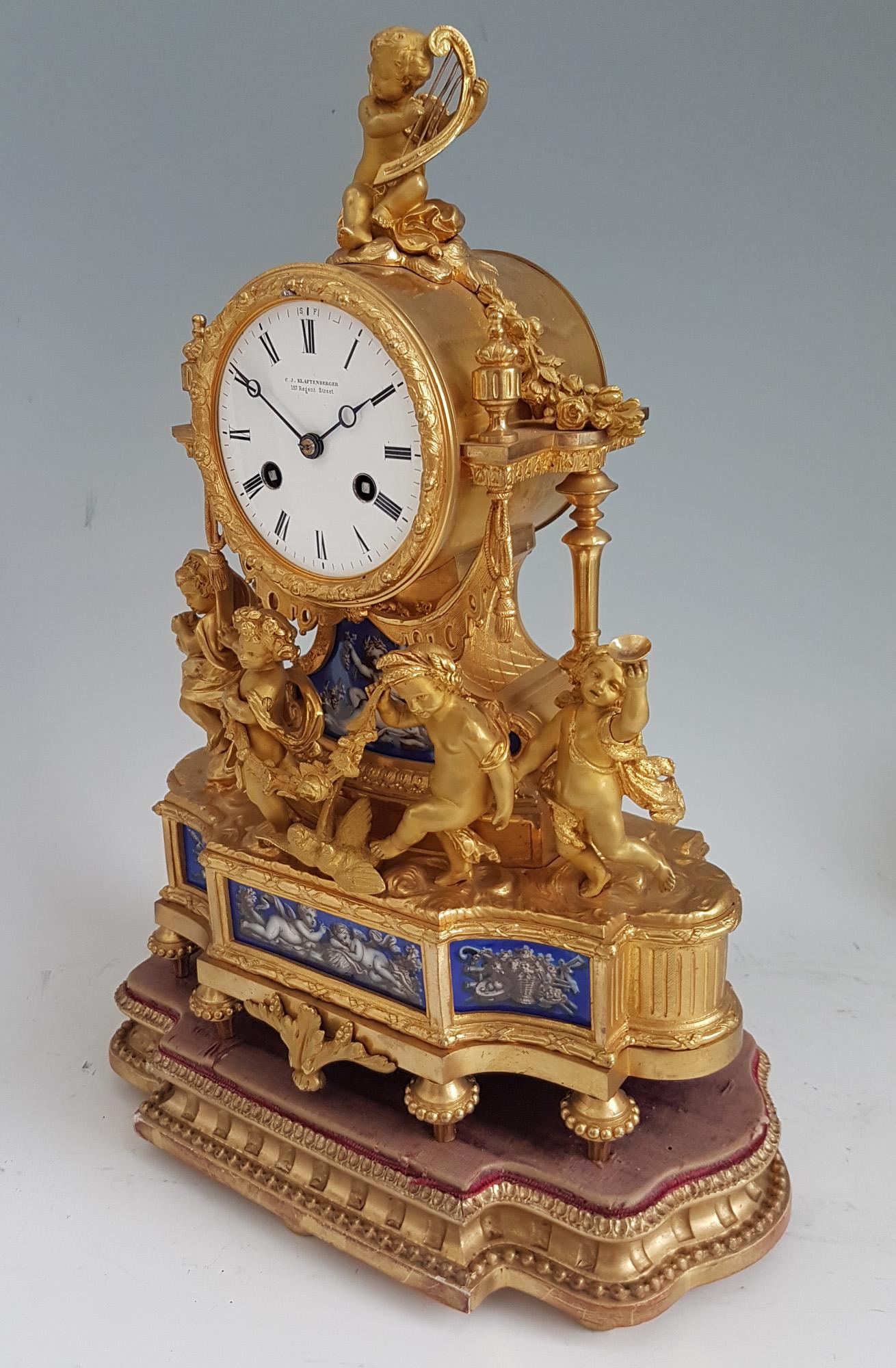 French Ormolu and Blue Porcelain Four Seasons Mantel Clock In Good Condition For Sale In London, GB