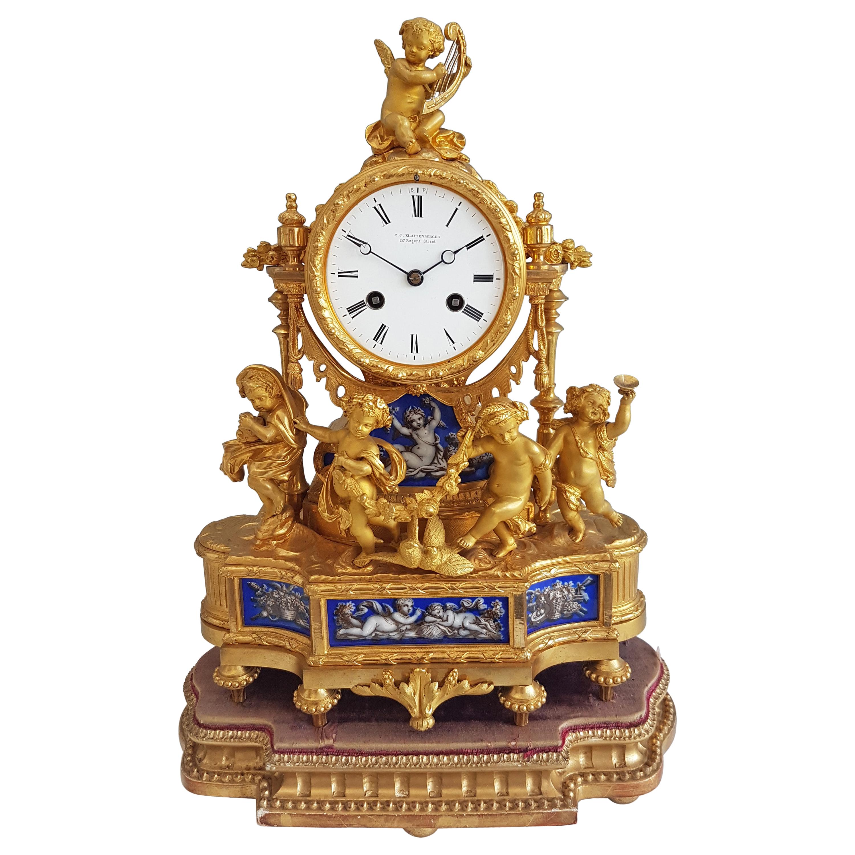 French Ormolu and Blue Porcelain Four Seasons Mantel Clock