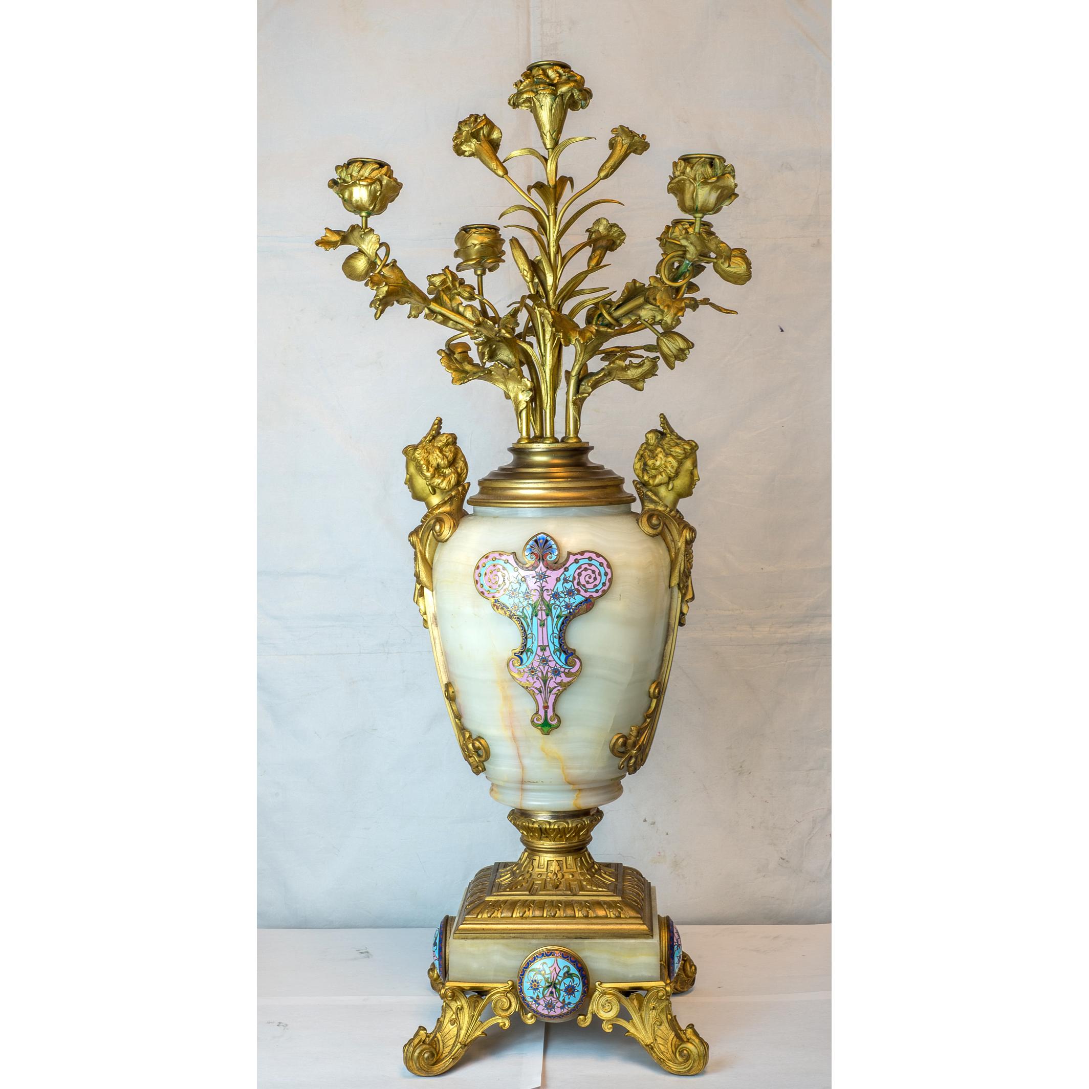 19th Century French Ormolu and Champlevé Enamel-Mounted Onyx Torchères