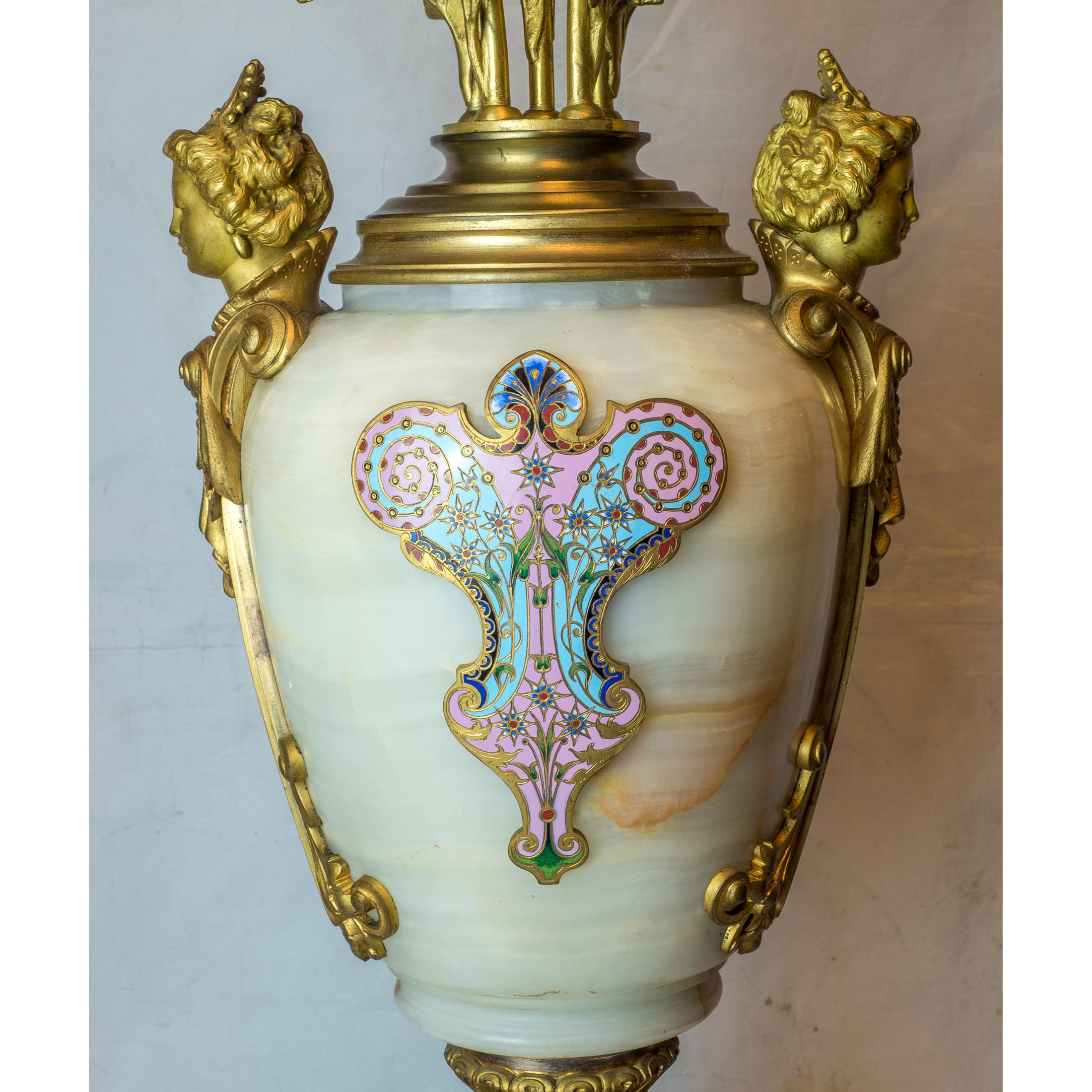 French Ormolu and Champlevé Enamel-Mounted Onyx Torchères 1
