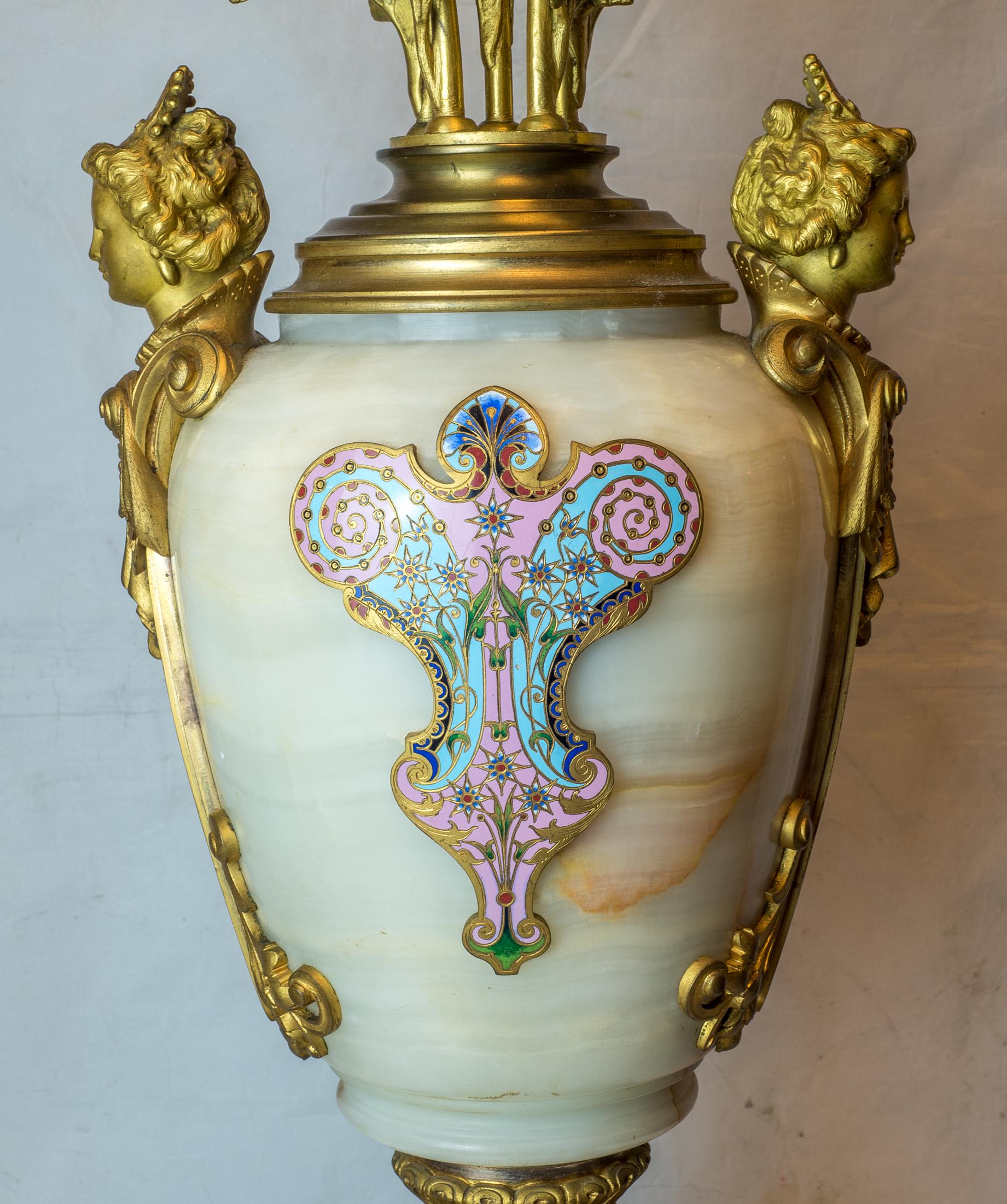 French Ormolu and Champlevé Enamel-Mounted Onyx Torchères 2