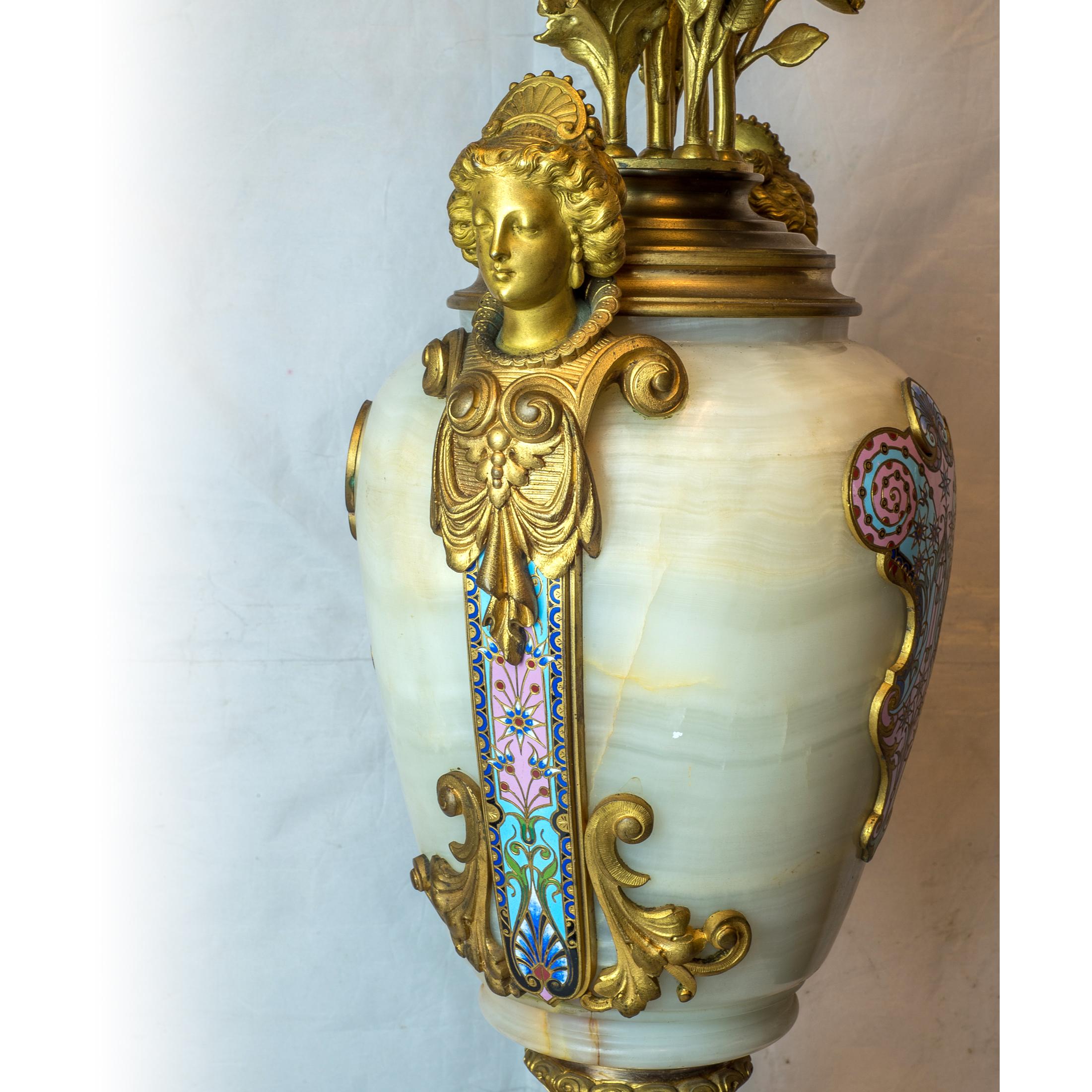 French Ormolu and Champlevé Enamel-Mounted Onyx Torchères 3