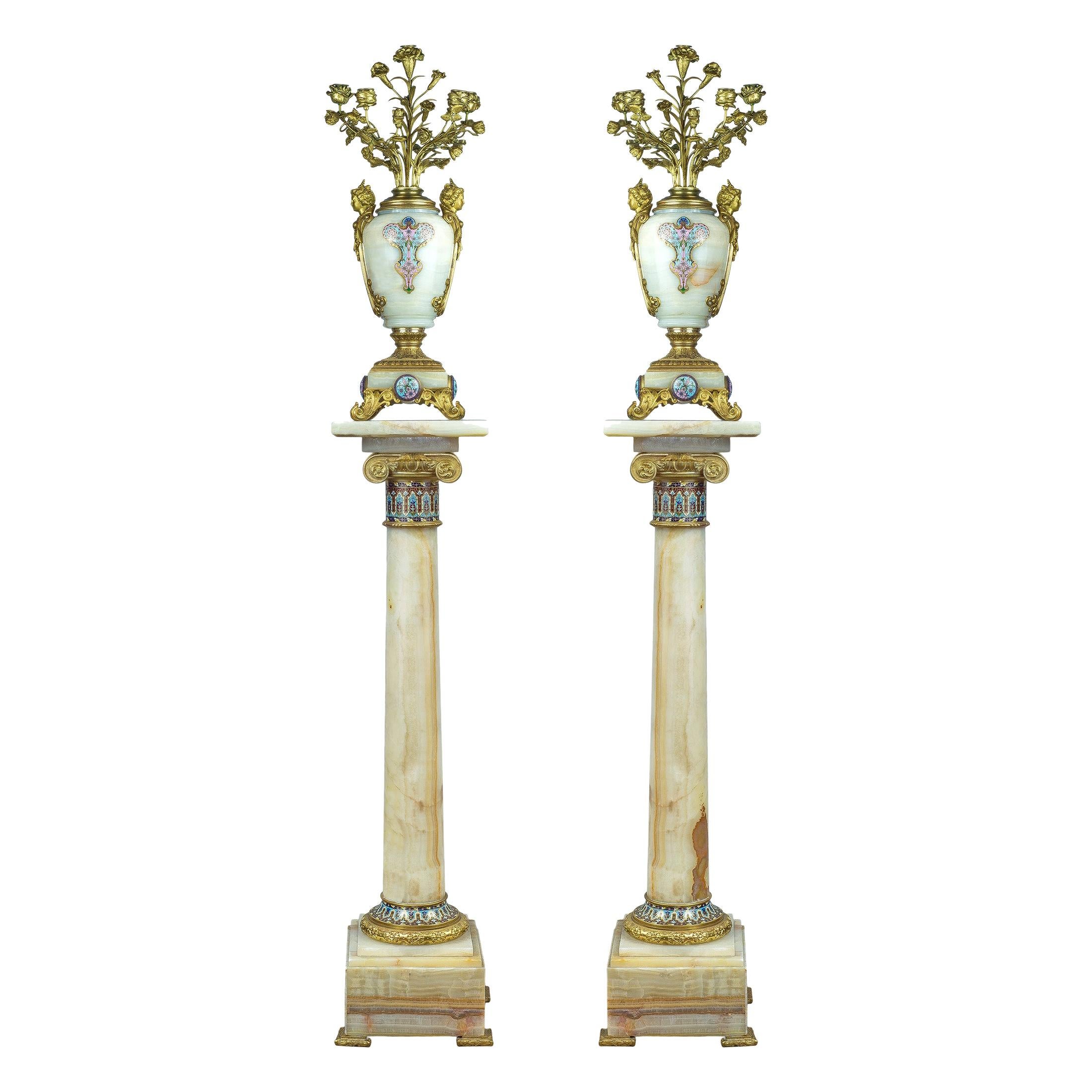 French Ormolu and Champlevé Enamel-Mounted Onyx Torchères