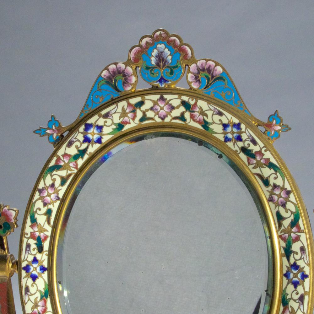 19th Century French Ormolu and Champlevé Enamel Oval Dressing Table Mirror For Sale