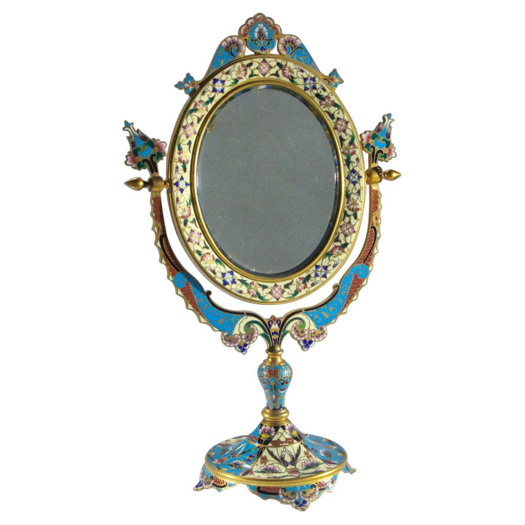 French Ormolu and Champlevé Enamel Oval Dressing Table Mirror For Sale