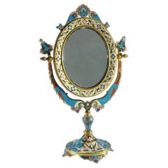 Miroir de table de coiffeuse ovale en bronze doré et émail champlev français