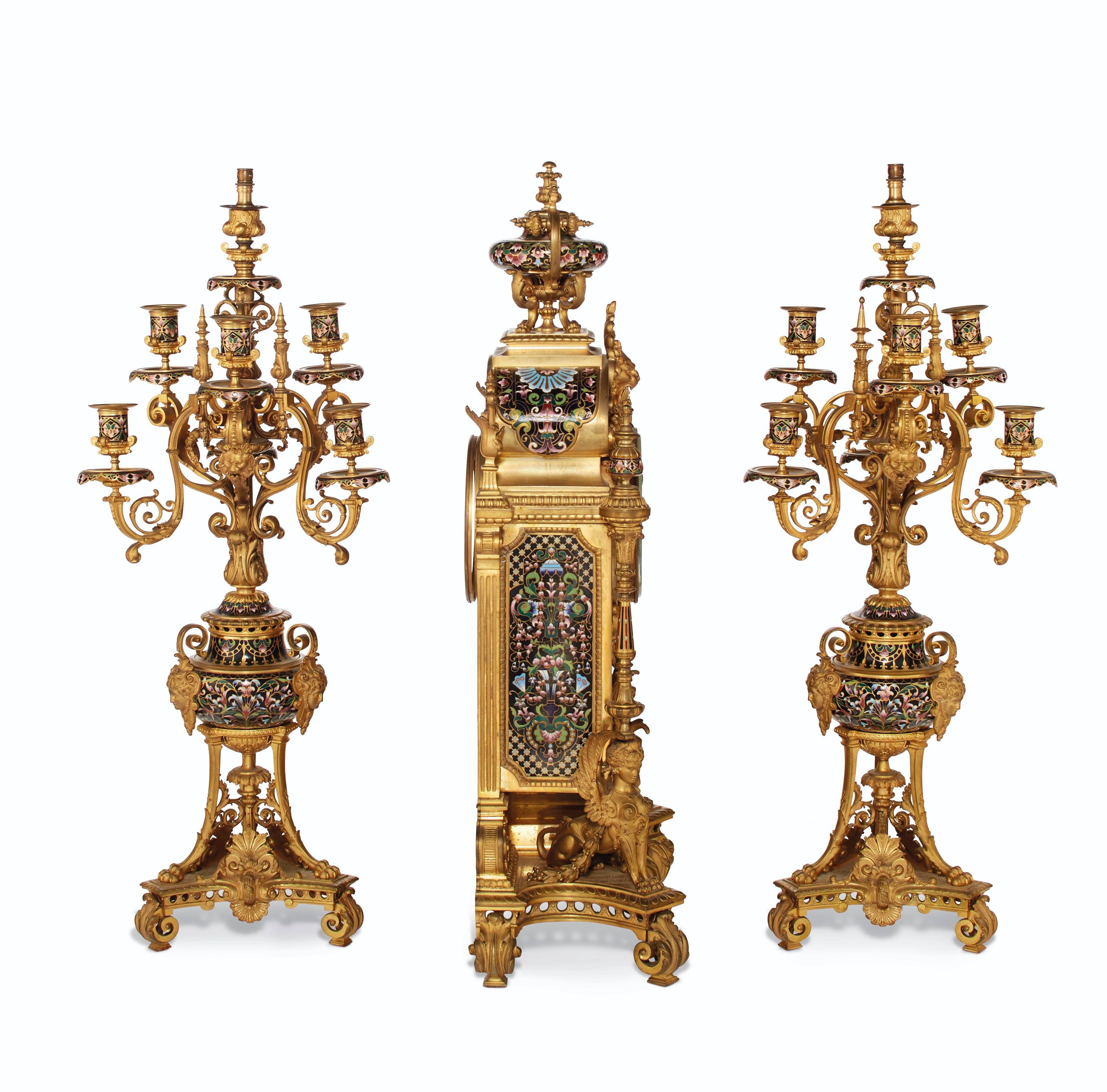 Gilt  Monumental French Ormolu and Champlevé Enamel Three-Piece Clock Garniture