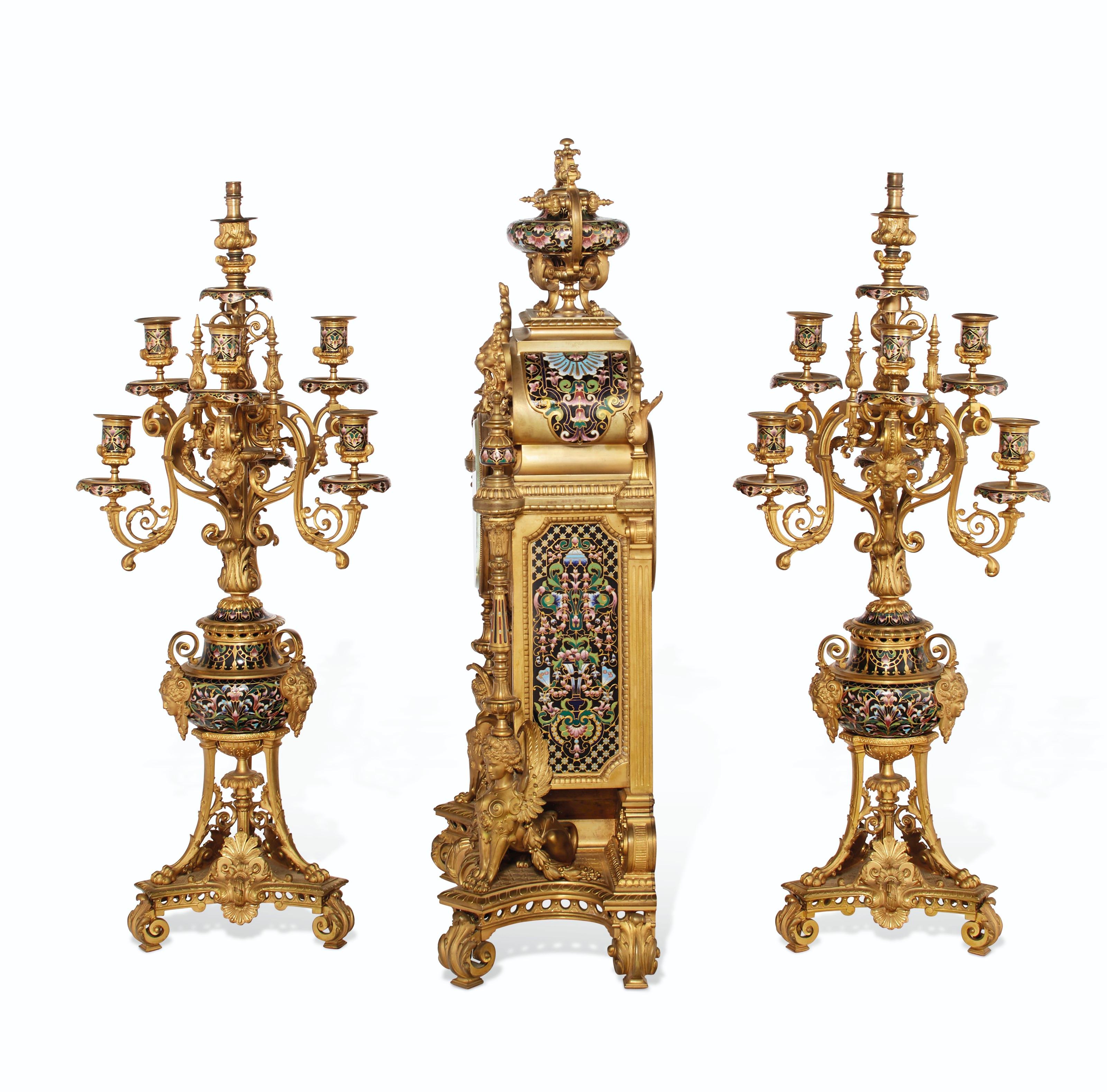  Monumental French Ormolu and Champlevé Enamel Three-Piece Clock Garniture In Good Condition In New York, NY