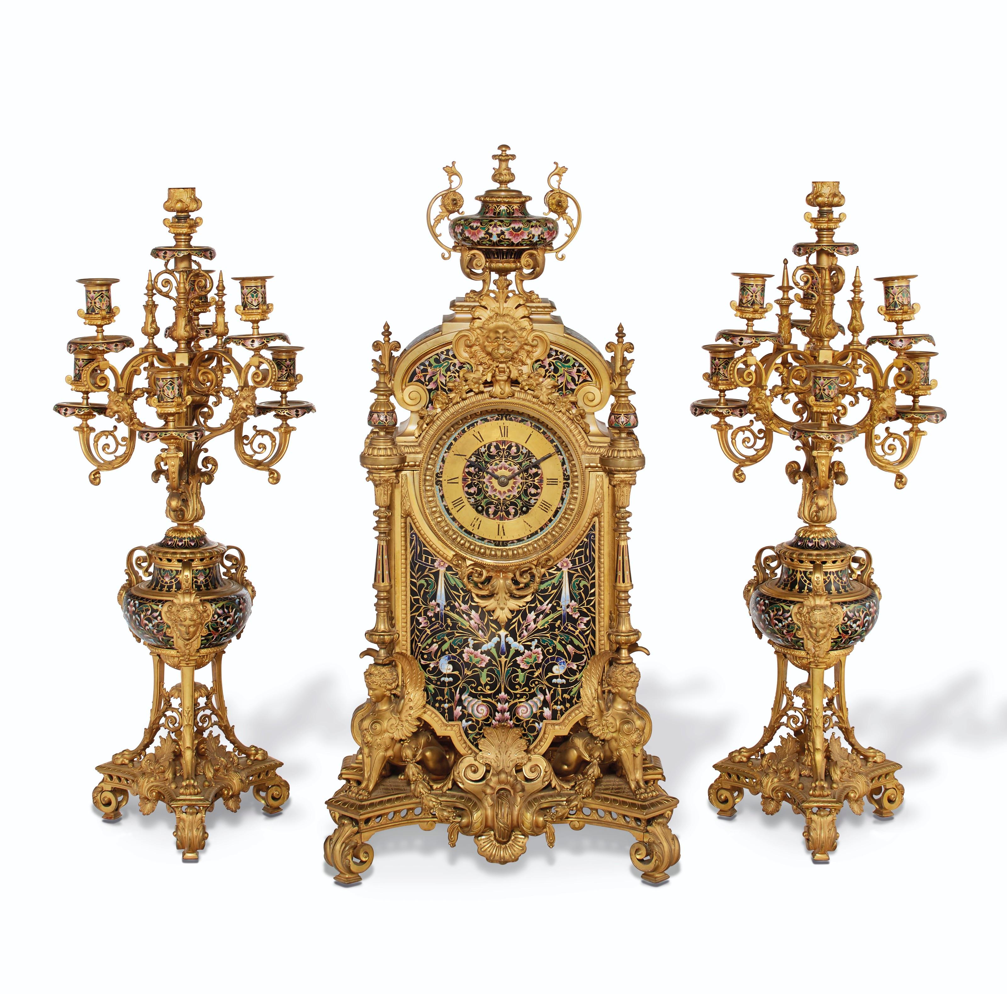 19th Century  Monumental French Ormolu and Champlevé Enamel Three-Piece Clock Garniture