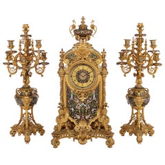  Monumental French Ormolu and Champlevé Enamel Three-Piece Clock Garniture