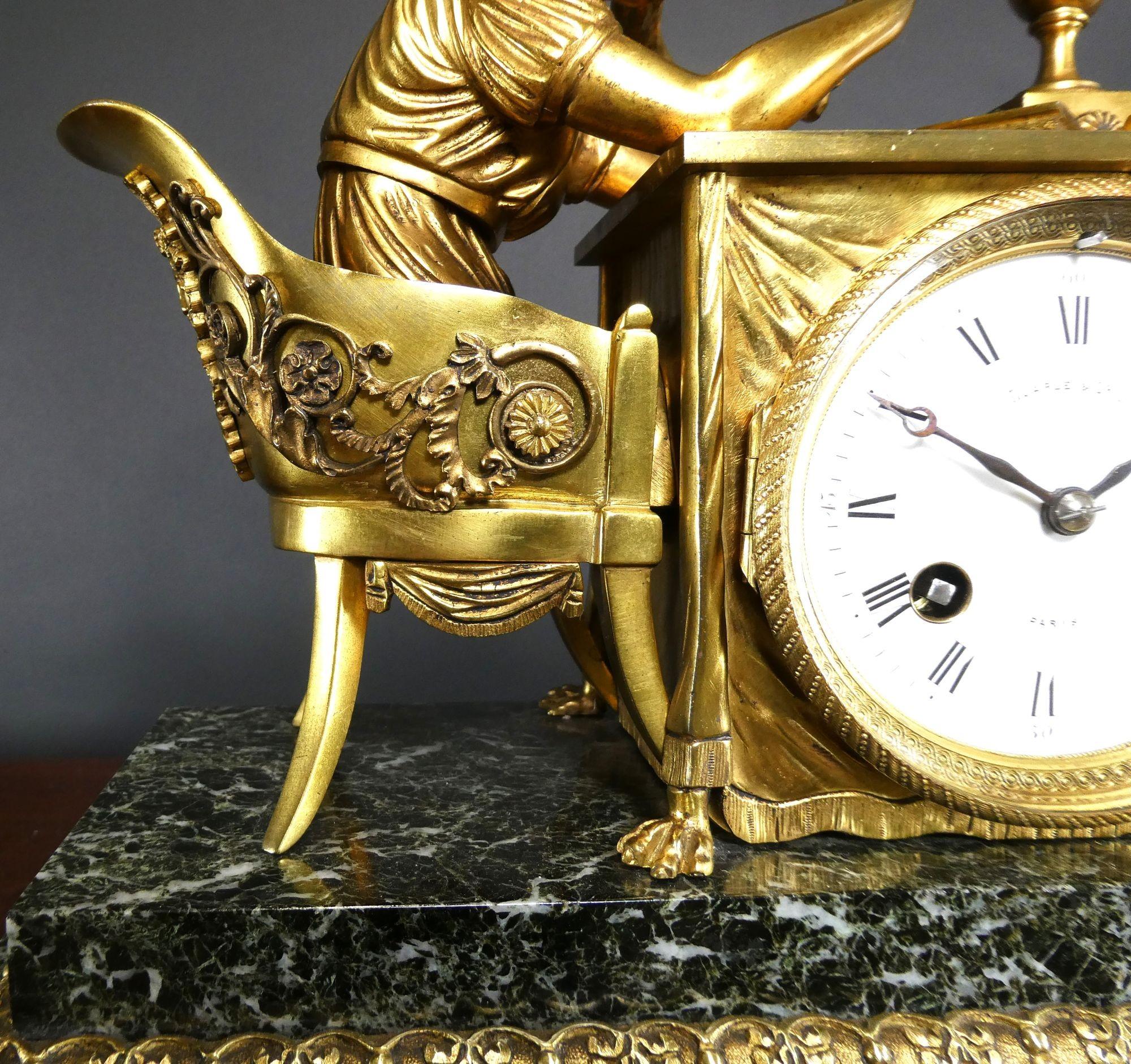 French Ormolu and Green Marble Mantel Clock, Maple & Co, Paris For Sale 6