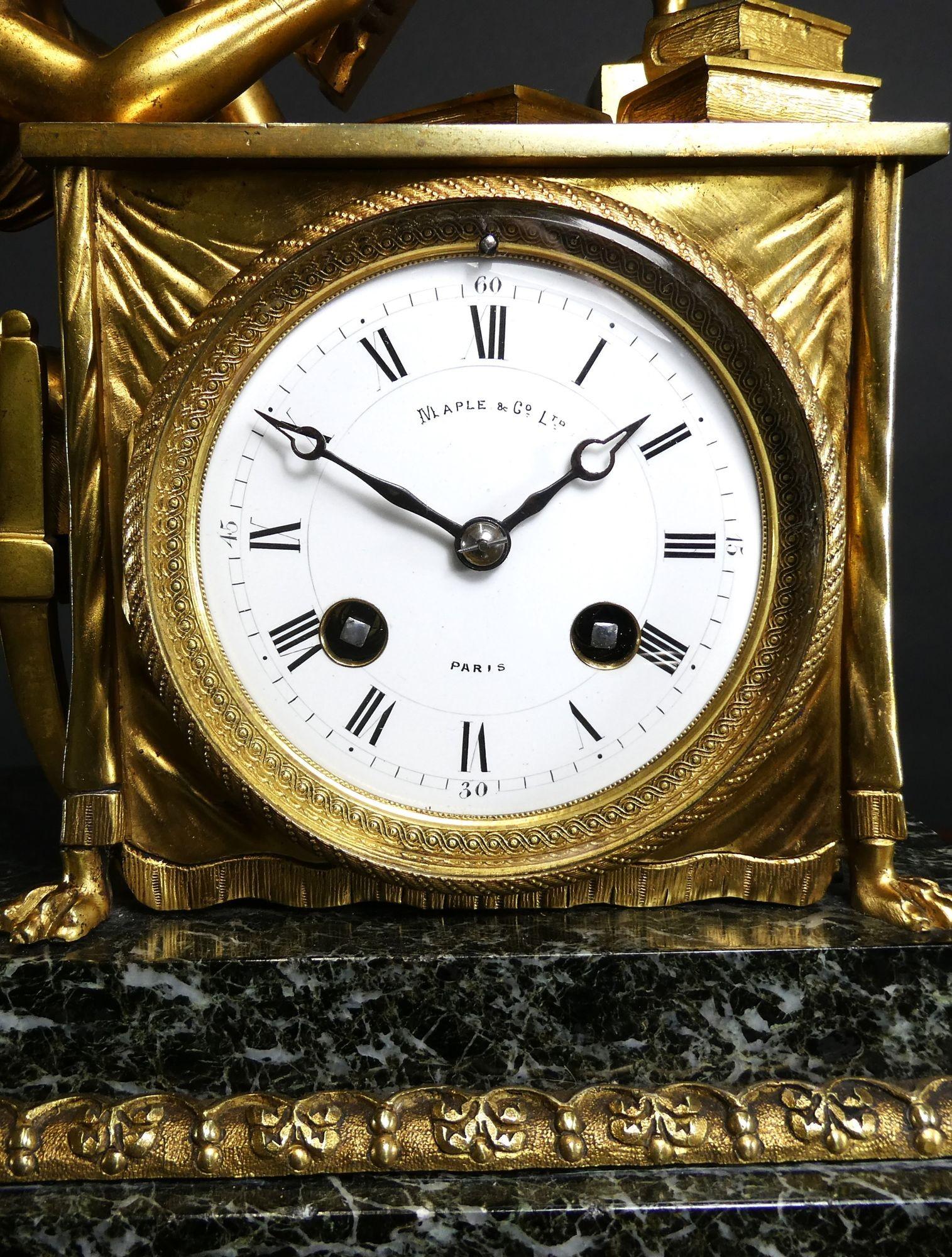 French Ormolu and Green Marble Mantel Clock, Maple & Co, Paris For Sale 7