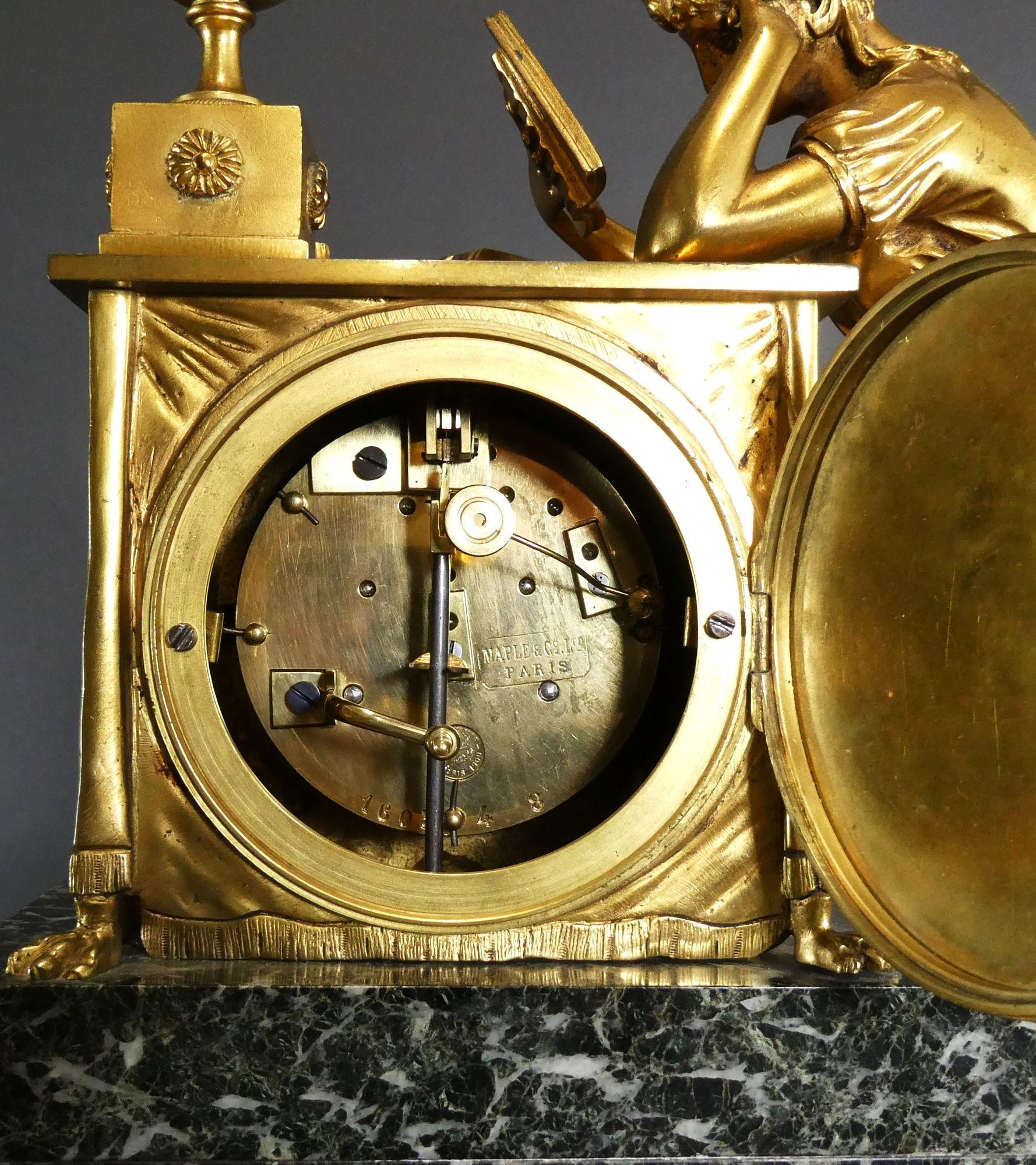 French Ormolu and Green Marble Mantel Clock, Maple & Co, Paris For Sale 5