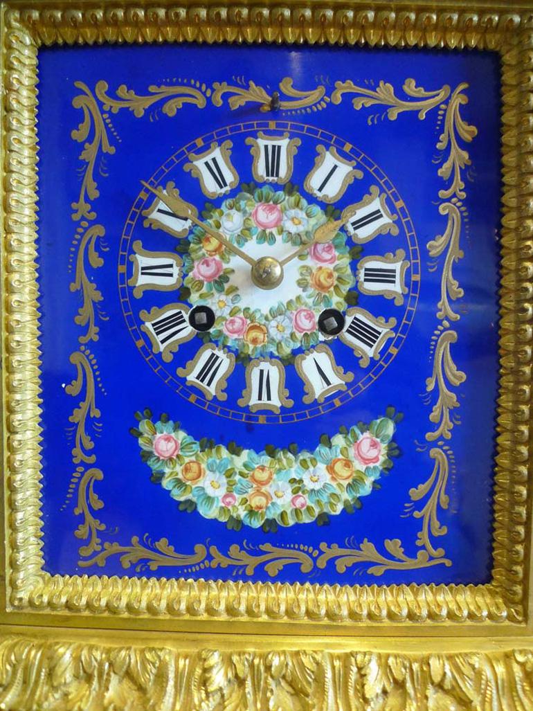 Late 19th Century French ormolu and hand painted porcelain on a cobalt blue ground For Sale