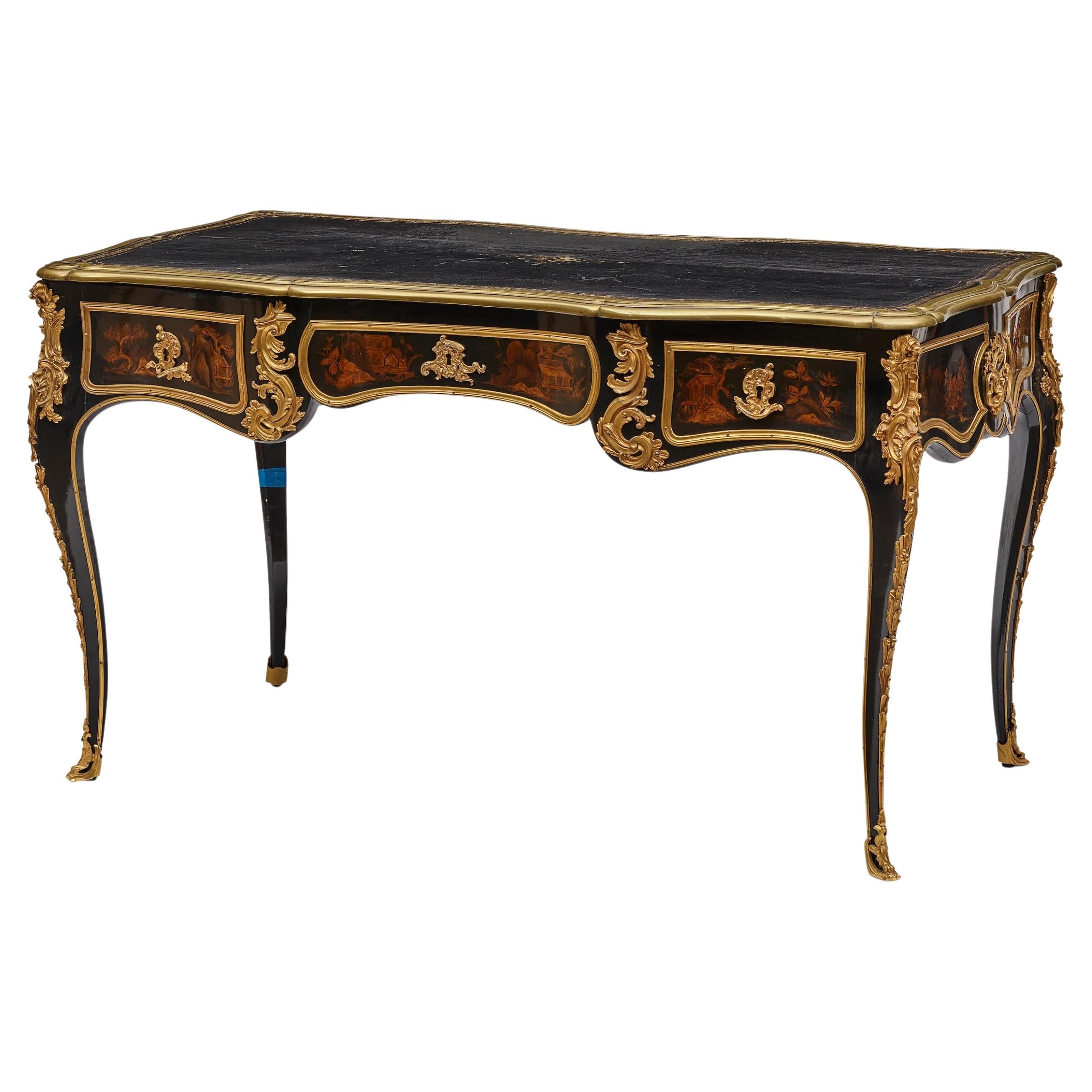 French Ormolu And Lacquer Chinoiserie Bureau Plat Desk, 19c For Sale