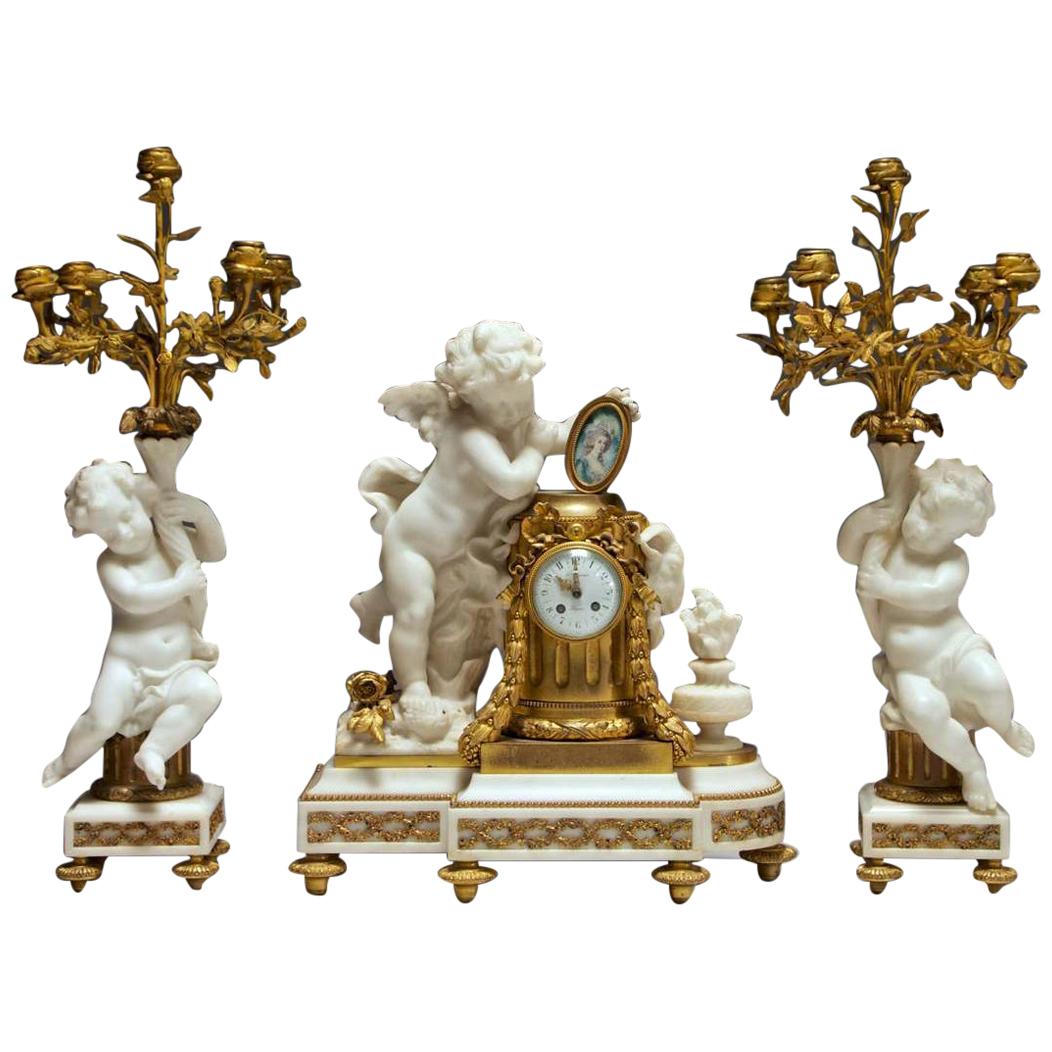 French Ormolu and Marble Clock Garniture